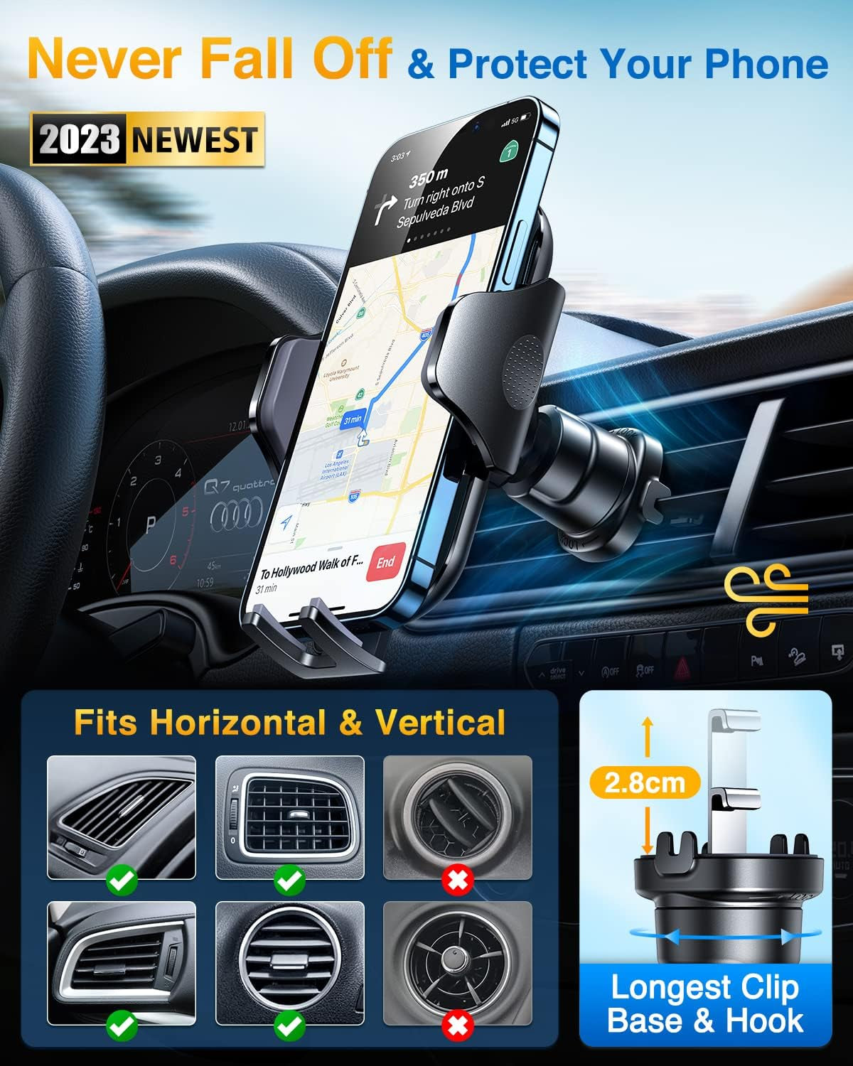 Universal Car Vent Phone Holder,【50X Strong Steel-Hook & Sturdy Shockproof, Car Phone Mount for iPhone 14 13 12 Pro Max & All Mobiles