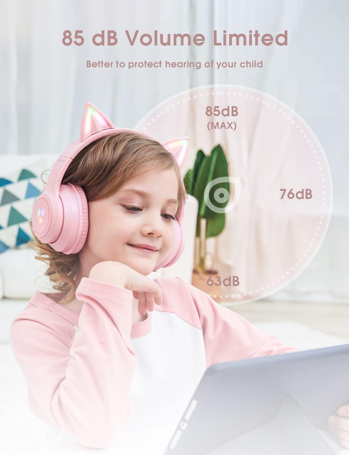 Cat Ear LED Light up Bluetooth Kids Headphones: Wireless Foldable Over-Ear School Headphones with Microphone, 85dB Volume Limiting, HI-FI Sound, for iPhone/iPad/Laptop/PC, Toddlers Study Headphones