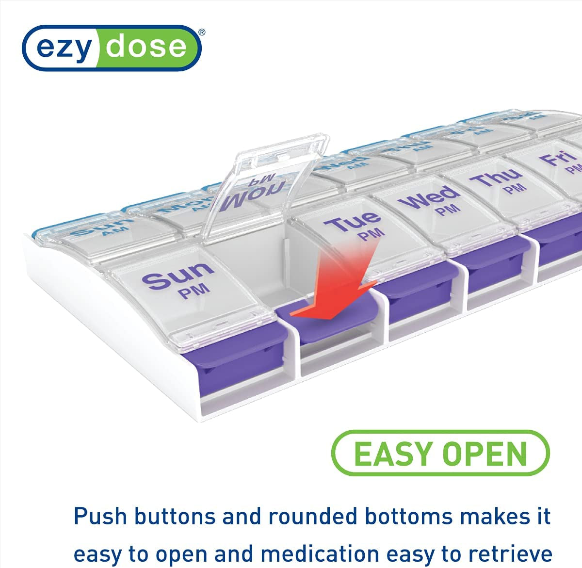 Push Button (7-Day) Pill Case - Organizes Medicine and Vitamins - 2 Times a Day AM/PM Slots - Large Compartments - Designed for Arthritis-Friendly Use - Features Clear Lids in Purple/Blue Color.