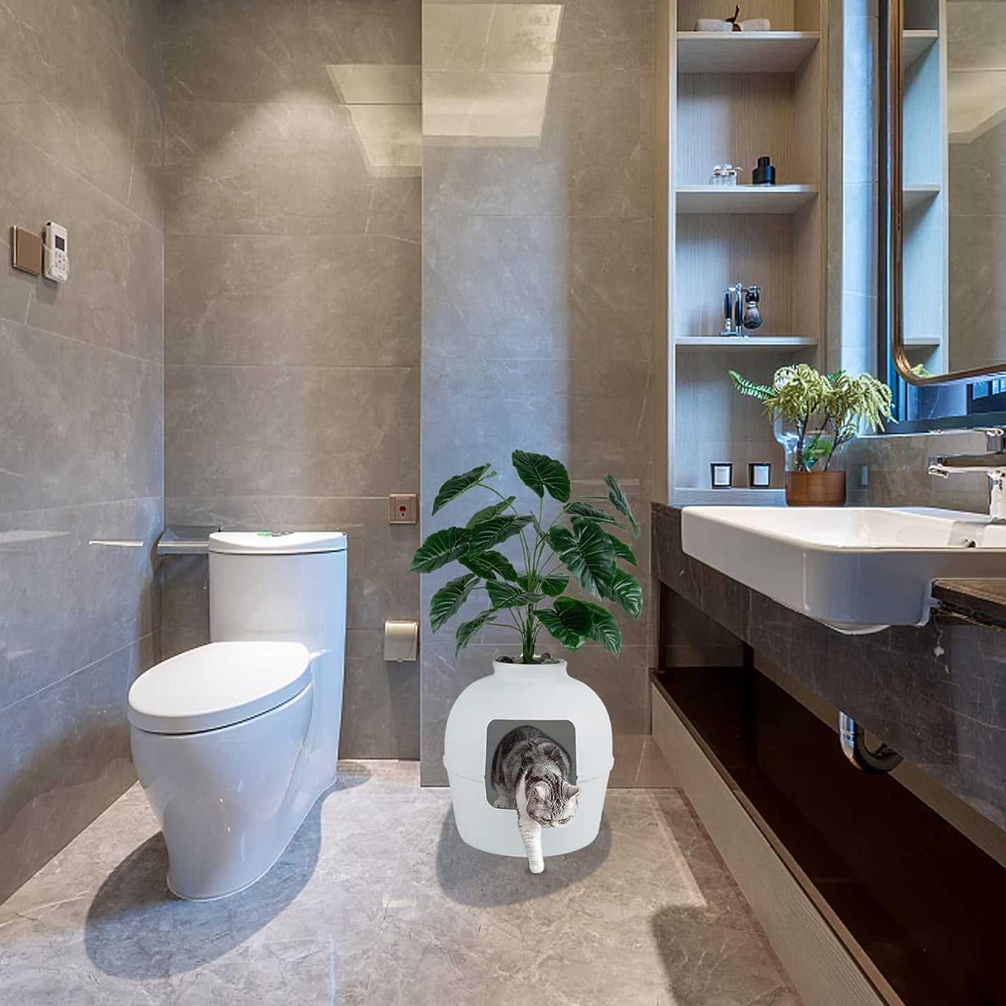 Enclosed Litter Box, Plant Pot Design, Includes Faux Plant and Real Stones