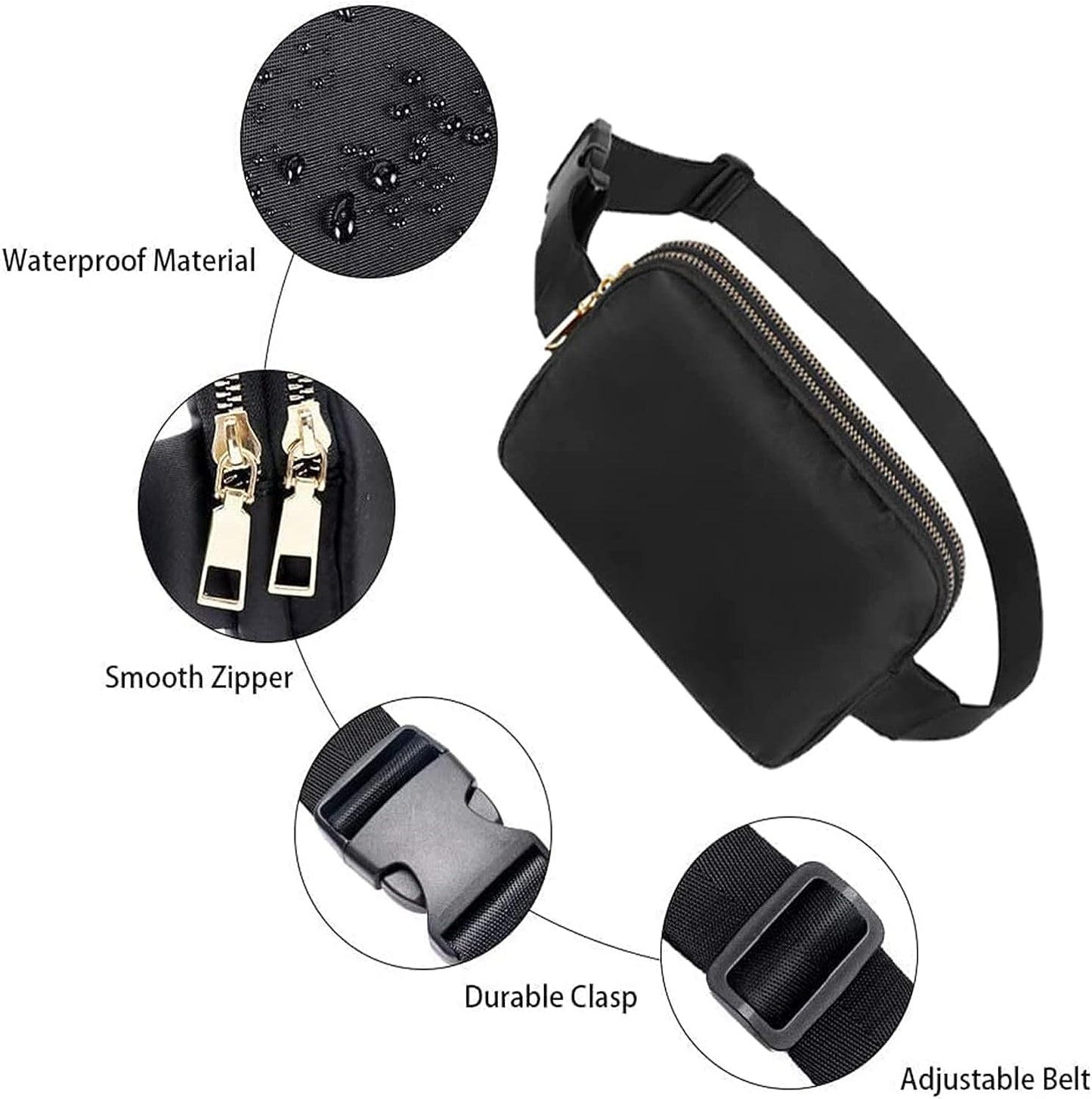 Fanny Pack Lightweight Durable, Small Belt Bag, Waist Bag Waterproof Hip Bag Shoulder Chest Fanny Pack for Running, Travel, Cycling, Hiking, Black, Small