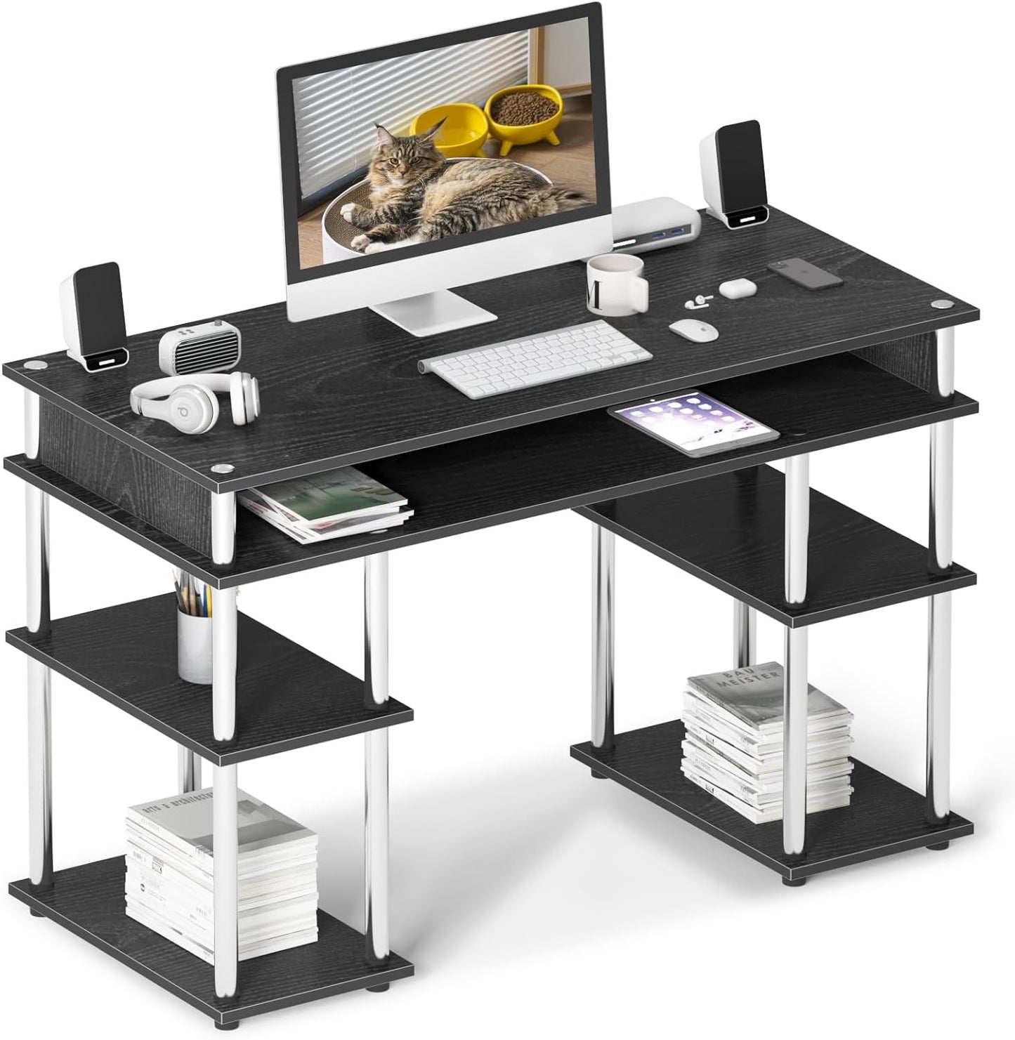 Large Home Office Desk with Storage Shelves and Multi-Functionality, 47.2"×15.7" Writing Table, Slim TV Console Table Side Table