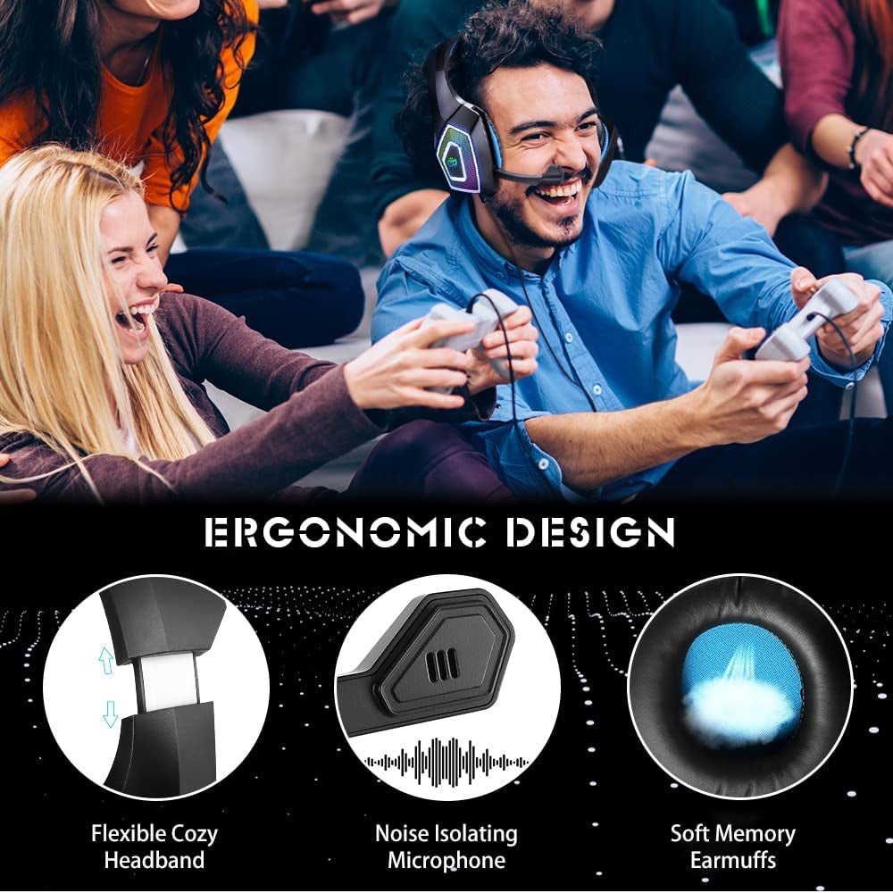 Stereo Over Ear Gaming Headphones for Xbox One, PS4, PS5, PC, Switch, Tablet, and Smartphone. Features Bass, 3.5mm Microphone, Noise Canceling, 7 LED Light, and Soft Memory Earmuffs. Includes Free Adapte