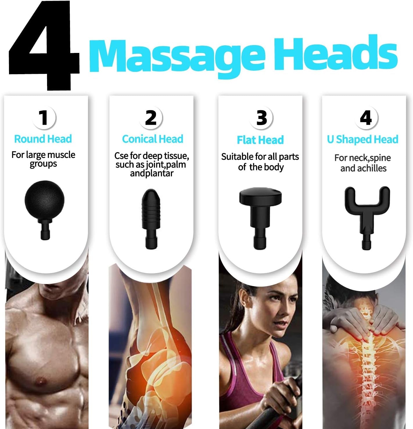 Mini Deep Tissue Massage Gun - Portable Percussion Muscle Massager for Pain Relief - Super Quiet Handheld Electric Massager - Features 4 Speeds and 4 Massage Heads - Color: Black.