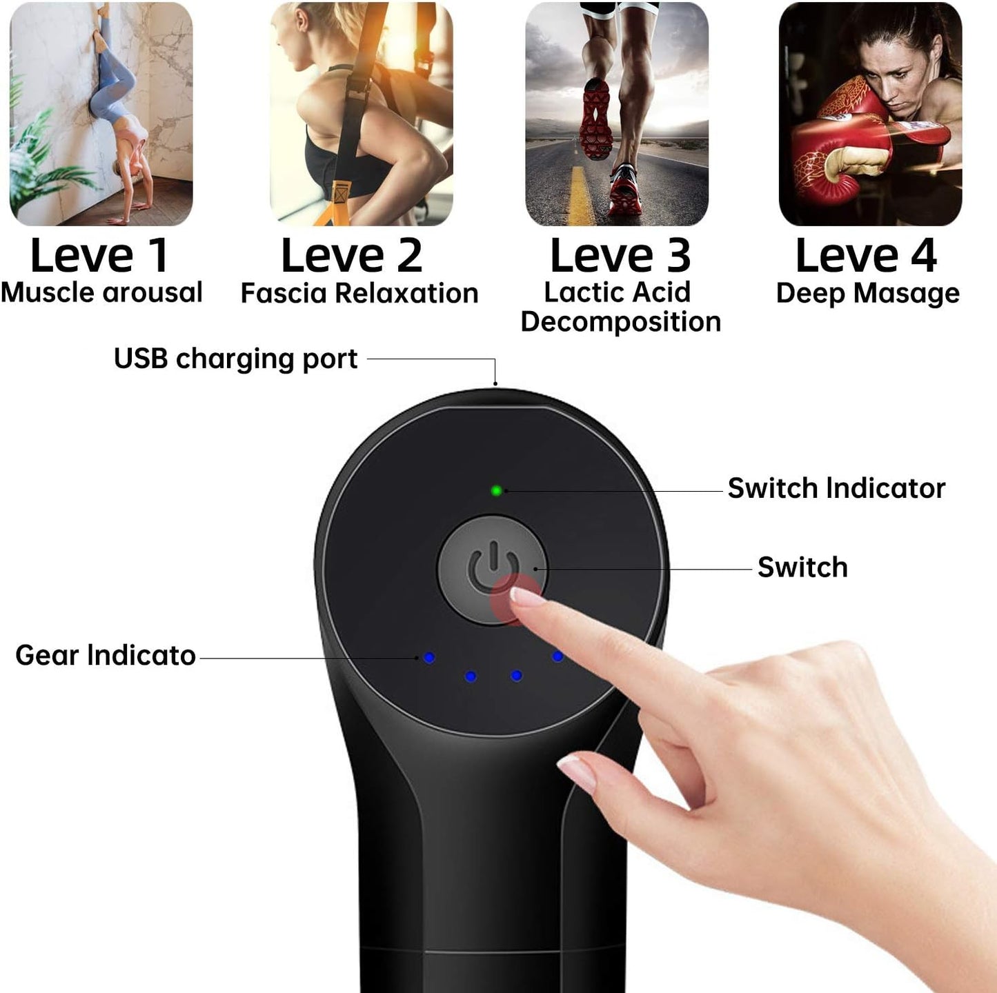 Mini Deep Tissue Massage Gun - Portable Percussion Muscle Massager for Pain Relief - Super Quiet Handheld Electric Massager - Features 4 Speeds and 4 Massage Heads - Color: Black.