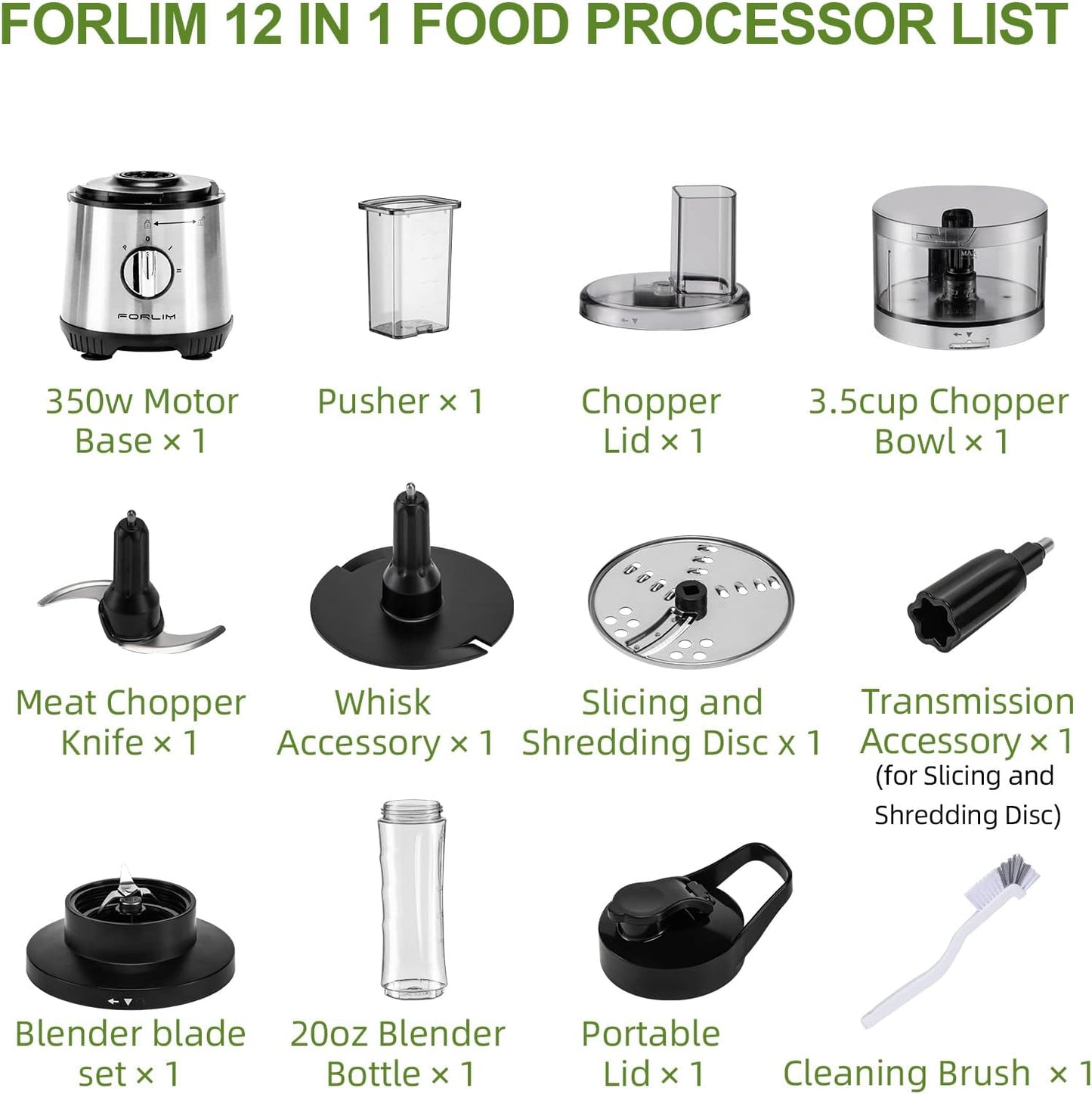 Small Food Processor - 3.5 Cup: 12-in-1 Mini Blender and Food Processor Combo for Kitchen, 350W Power, Includes a 20oz Bottle, 2 Speeds Plus Pulse Function with 4 Stainless Steel Blades - Perfect for Making Shakes, Smoothies, Meat, Sauces, Silver
