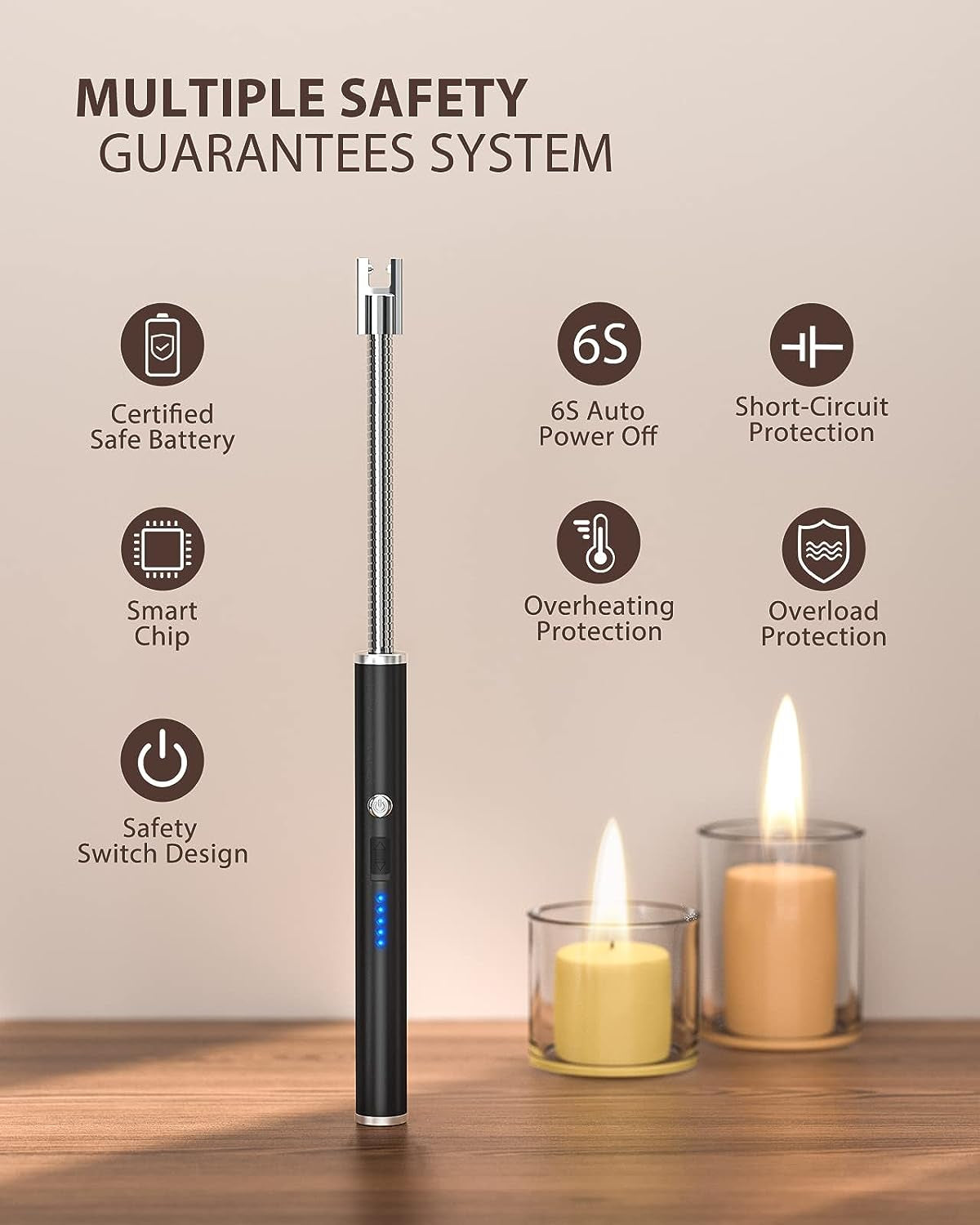 Upgraded USB Lighter: Plasma Arc Candle, Camping, and Grill Lighter with LED Battery Display, Safety Switch, and Longer Flexible Neck - Matt Black