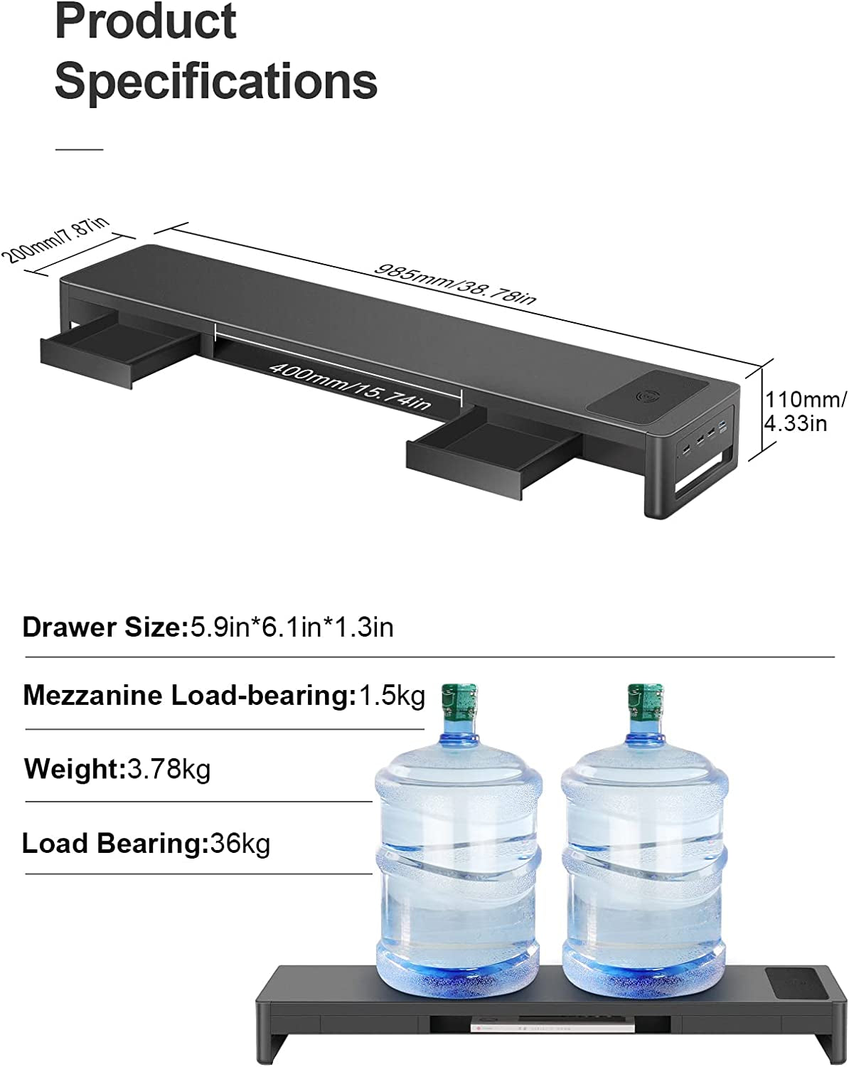 3 In 1 Dual Monitor Stand Riser with Drawers, USB Ports, and Data Transfer Support - Metal Computer Monitor Stand for Enhanced Organization and Device Connectivity - Suitable for PC, Laptop, and iMac