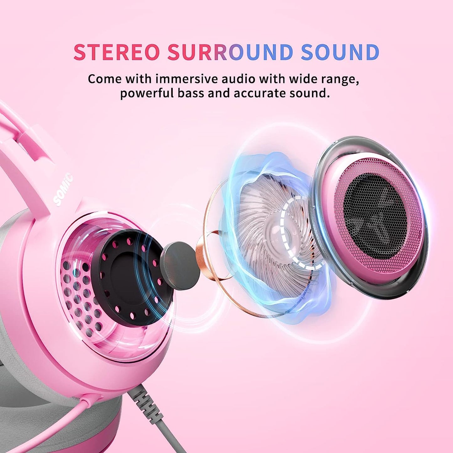 Pink G951S Stereo Gaming Headset, Lightweight over Ear Headphones with Mic. Compatible with PS4, Xbox, PC, and Mobile Phone. Features 3.5mm Noise Reduction and Cat Ear Headphones.