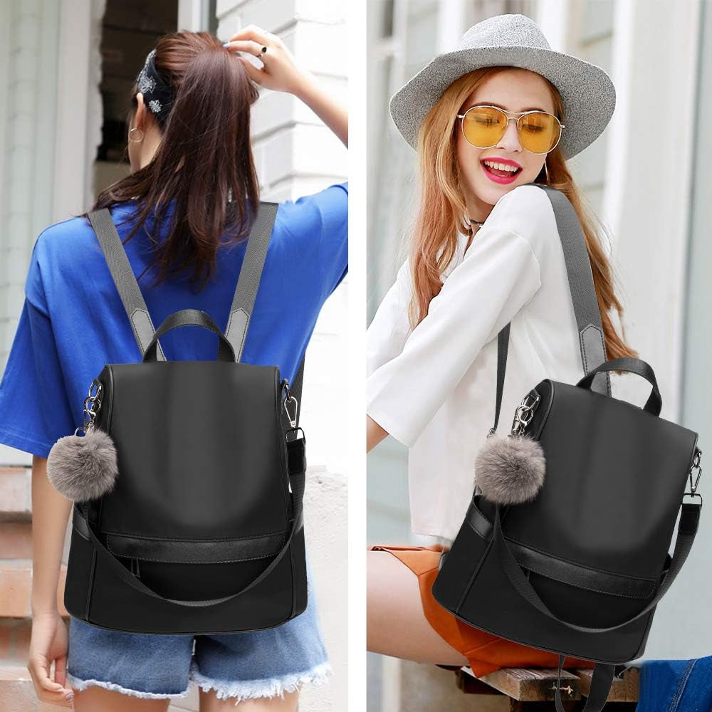 Women Shoulder Backpack Purse Nylon - Anti-Theft Waterproof Casual Convertible Rucksack Lightweight- Black