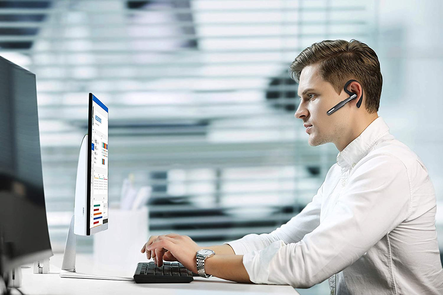 Wireless Bluetooth Headset, V5.0 Hands-Free Earphones with Built-in Mic for Driving/Business/Office, Compatible with iPhone and Android (Gray)