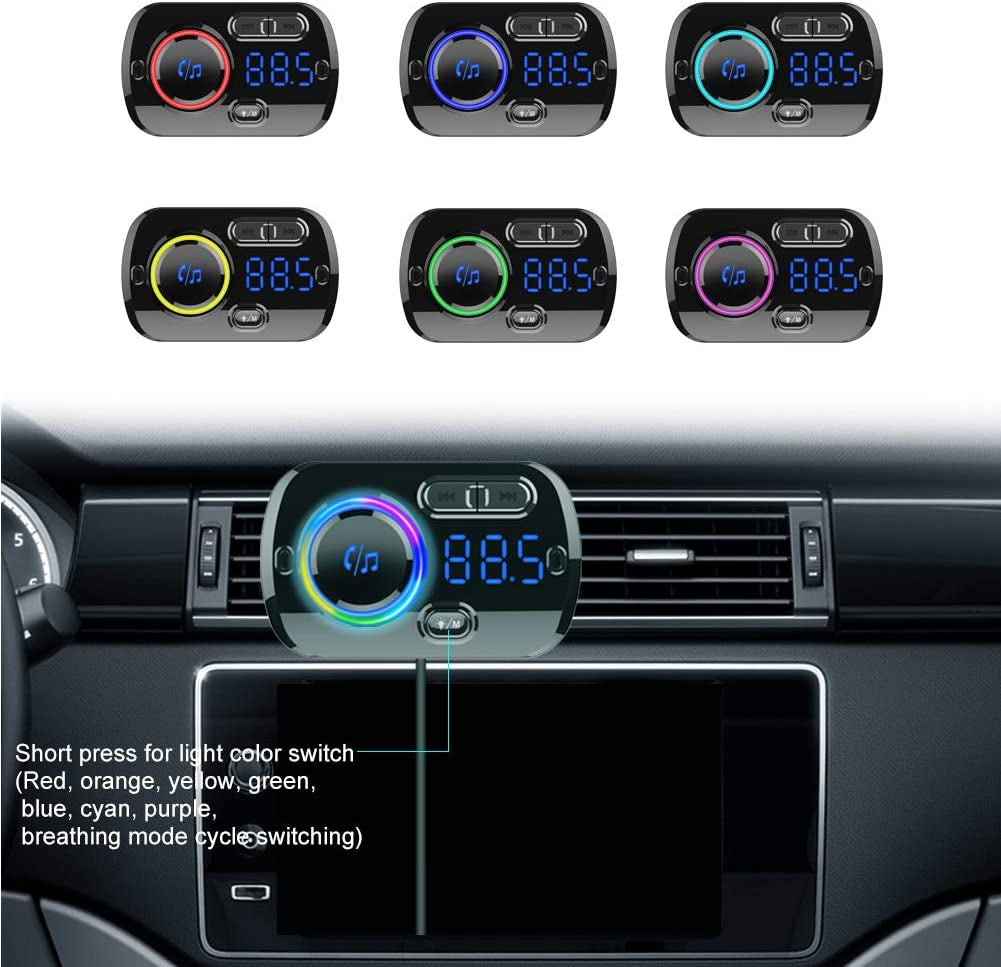 Bluetooth 5.0 Car FM Transmitter with 7 Color Light, QC3.0/2.4A USB Car Charger, Siri and Google Assistant, Handsfree Mp3 Player