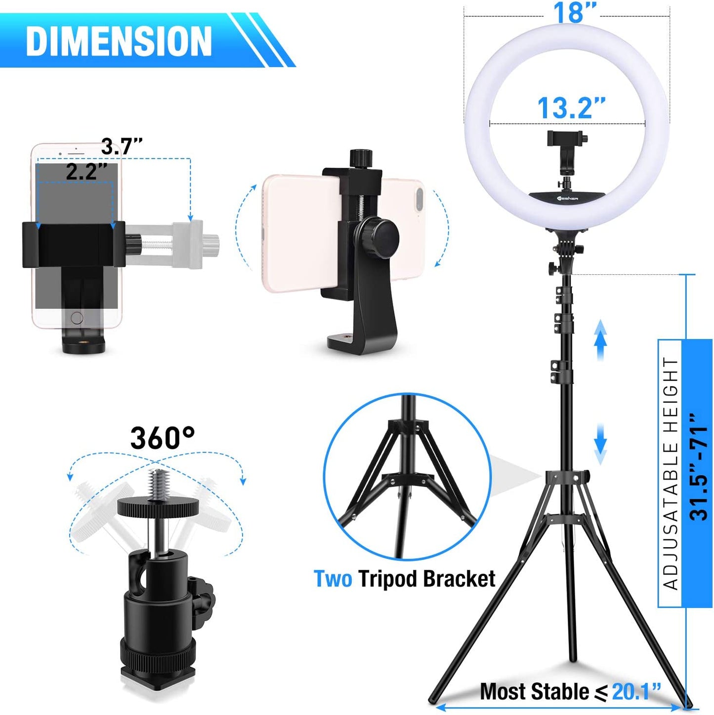 18" Ring Light with Wireless Remote and LCD Screen - Includes Tripod Stand - Features 65W LED Ringlight - Bi-Color Adjustable from 3200K to 5500K - Ideal for Portrait Photography, Live Streaming, TikTok Videos, Zoom Meetings, and Online Teaching.