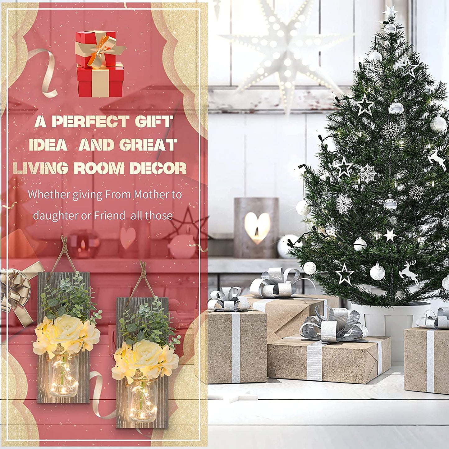 Mason Jar Sconces Home Wall Decor With Remote Control - Sconces Wall Lighting for Home Living Room Kitchen Bedroom Bathroom Decoration with 6-Hour Timer LED Lights Flowers,Set of 2 Grey