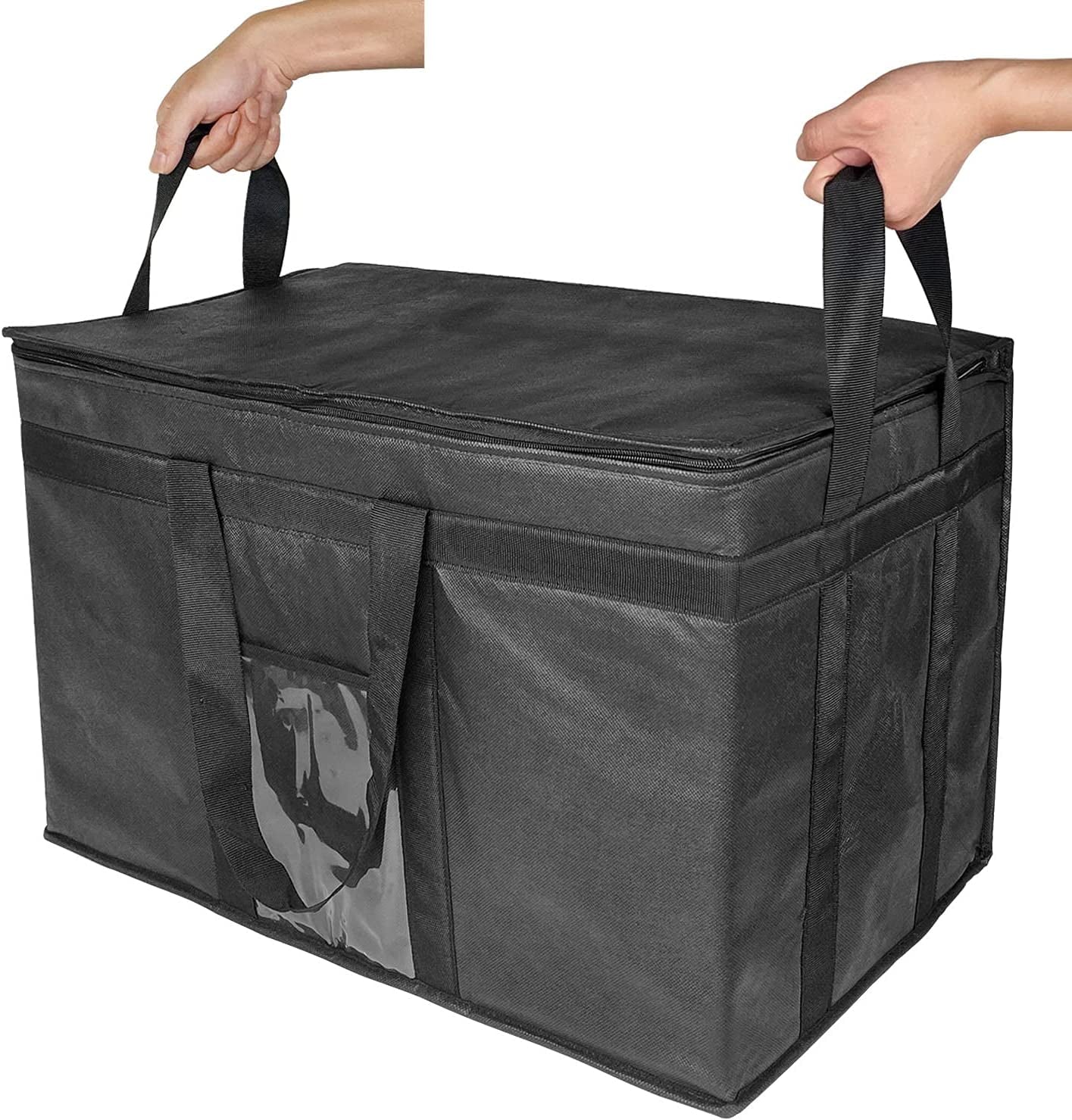Extra Large Insulated Cooler Bag with Zipper Closure - Reusable Grocery Shopping Bag for Hot or Cold Food - Collapsible Delivery Bag for Instacart, Restaurants, and Food Transport - 23"W x 15"H x 14"D (Black)