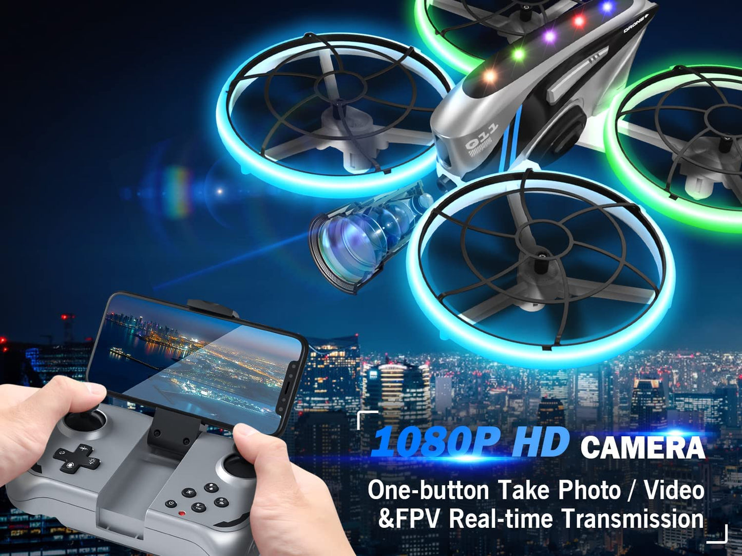Skyquad RC Drone with HD FPV Camera - Great Toys Gifts for Boys and Girls, Suitable for Kids and Adults, Equipped with Cool LED Lights, Full Protective Guards, and Extended Flight Time; Durable and Beginner-Friendly Model Q11.