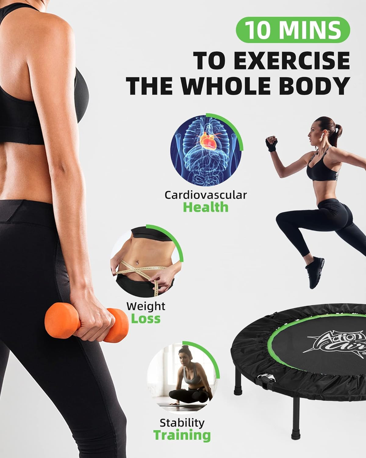 Folding Mini Trampoline with Adjustable Handle, Indoor and Outdoor Rebounder, Small Trampoline with Safety Pad, Maximum Weight Capacity of 220 lbs and 260 lbs