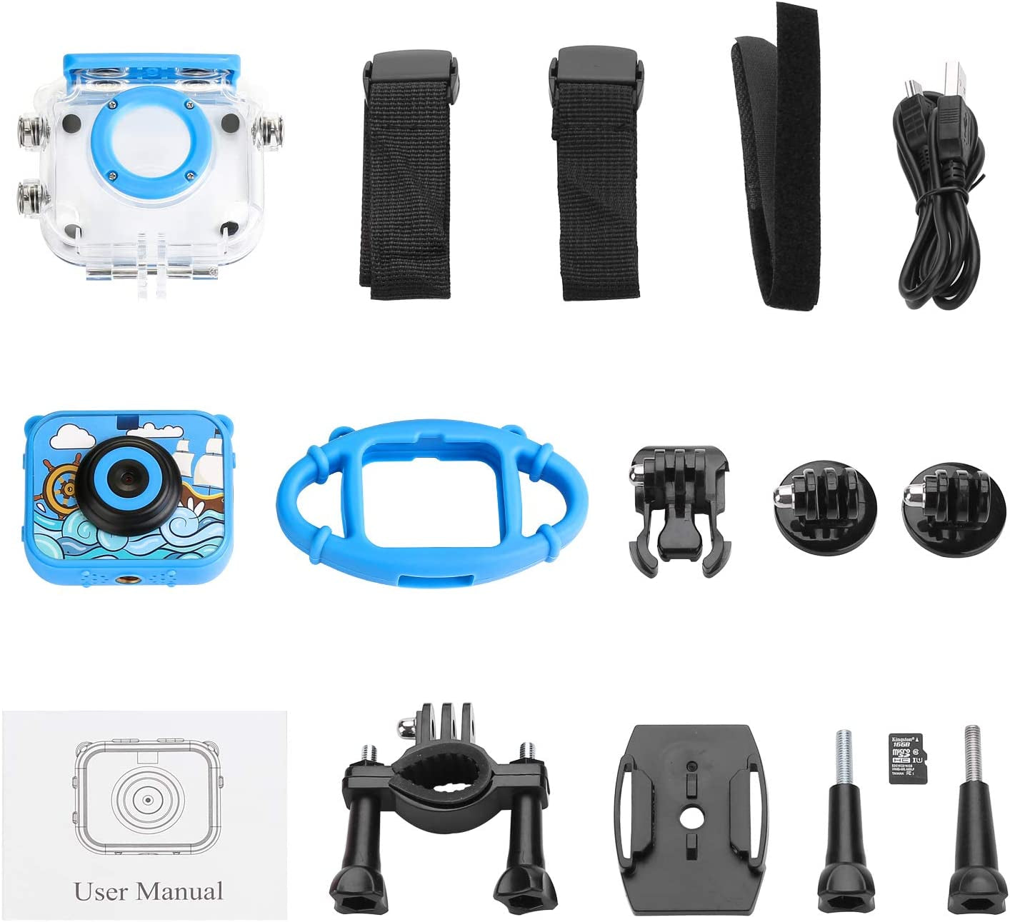 Kids Waterproof Camera - A Digital Underwater Action Camera designed for Kids aged 3-13. It's a perfect Christmas or Birthday Gift, comes with a 32GB TF Card and an Anti-Fall Silicone Case, available in Blue.
