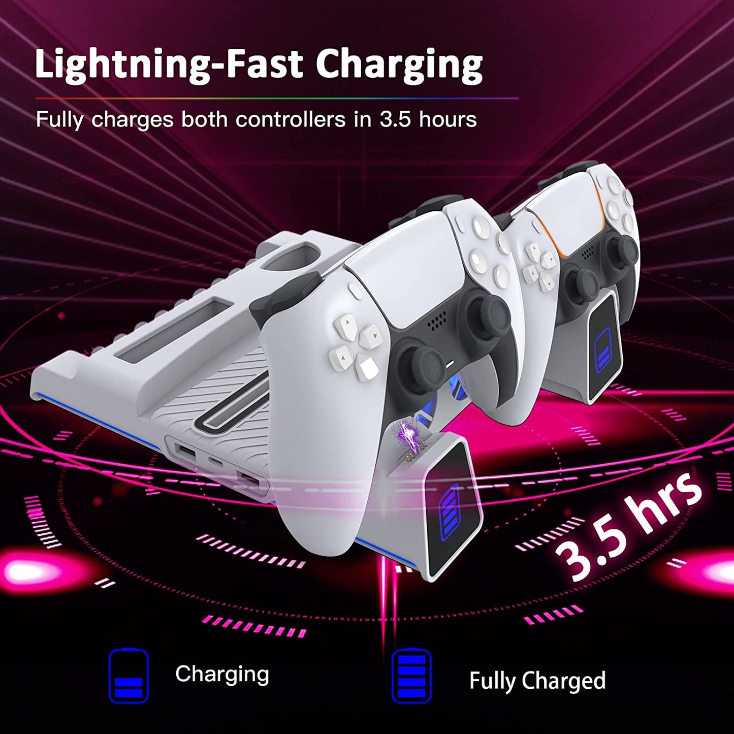 PS5 Silent Cooling Stand with RGB LED Light, Dual Charging Station for Dualsense Edge Controller, Hard Drive Slot, Holders for Headset and Remote, and 10 Game Slots - White