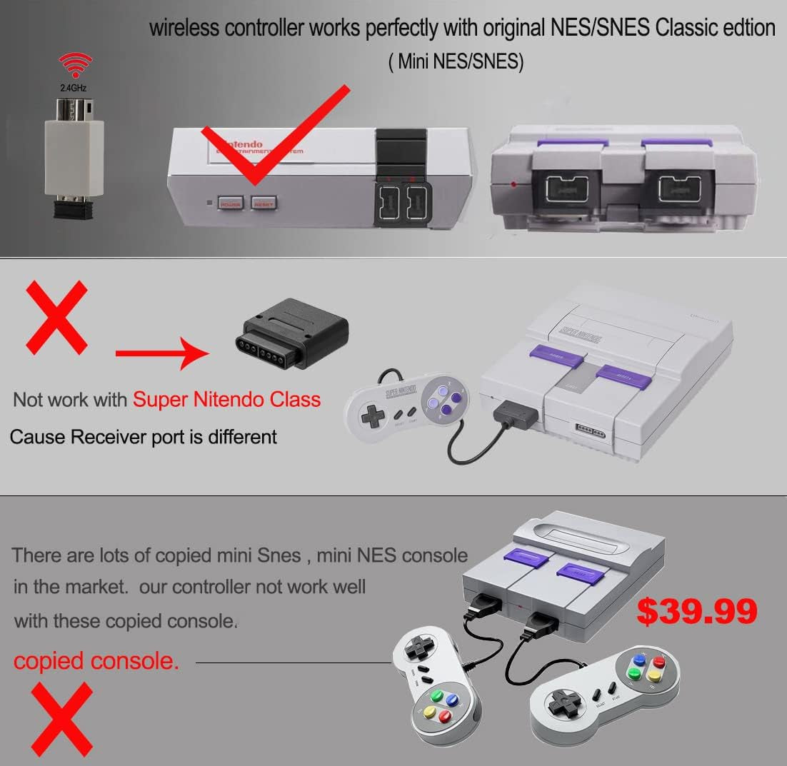 Mini SNES Wireless Controller (Classic Edition/Mini NES) - Not Compatible with Copied Console Gamepads. Includes USB Wireless Receiver for Switch, Windows, iOS, Linux, and Android Devices. Comes in a 2-Pack.