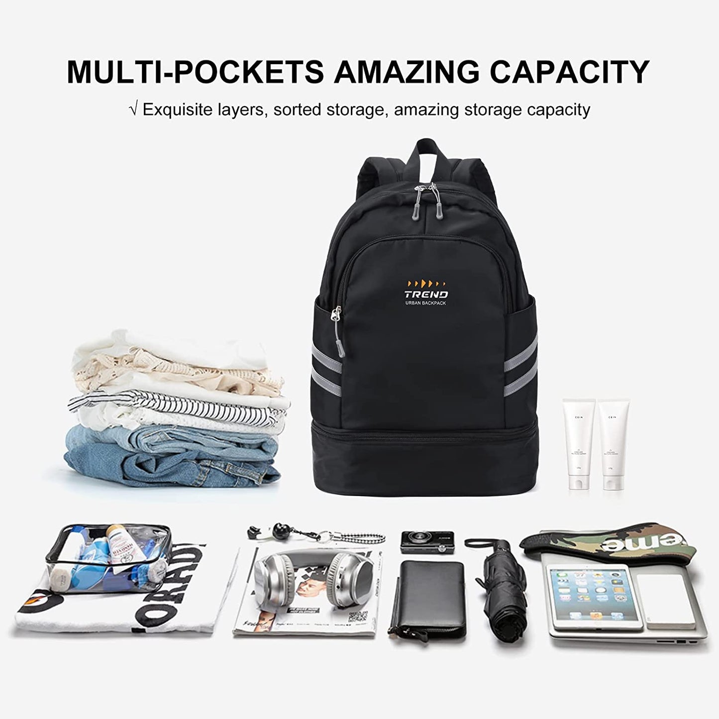 Gym Backpack with Shoe Compartment and Wet Pocket, Foldable Travel Backpack Ideal for Swimming and Yoga, Waterproof