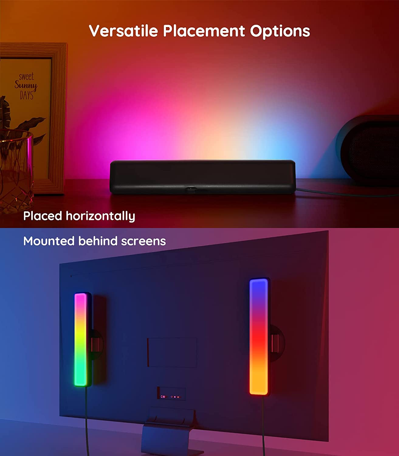 Compact RGBICWW smart LED light bars offer 12 scene modes, music modes, and Bluetooth connectivity. They are perfect for enhancing entertainment setups, PCs, TVs, and room decor. Please note that these light bars do not support WiFi or Alexa.
