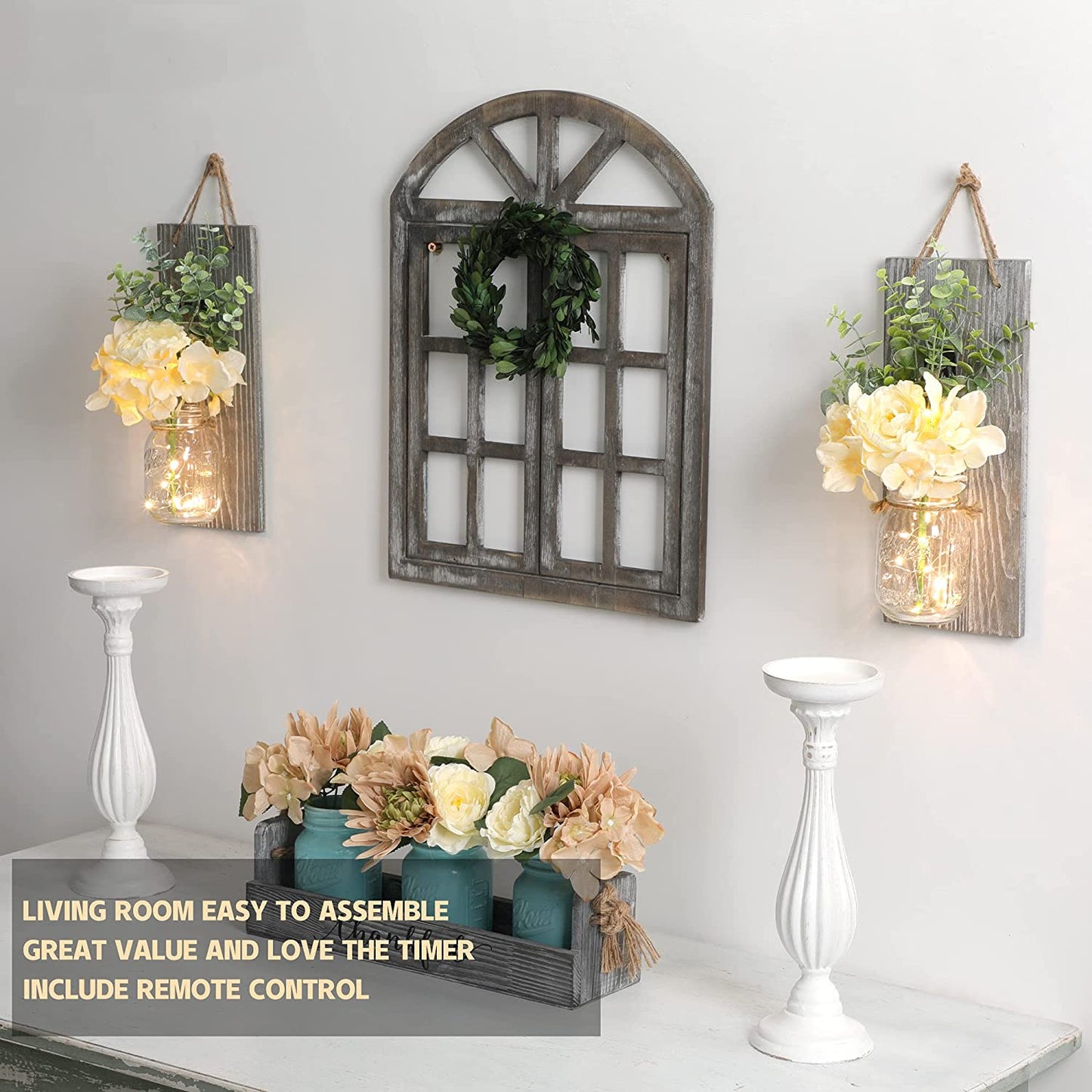 Mason Jar Sconces Home Wall Decor With Remote Control - Sconces Wall Lighting for Home Living Room Kitchen Bedroom Bathroom Decoration with 6-Hour Timer LED Lights Flowers,Set of 2 Grey