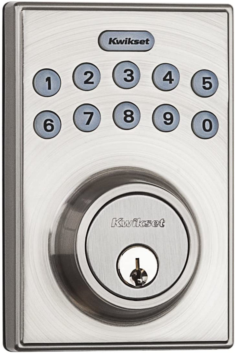 Contemporary Electronic Keypad Single Cylinder Deadbolt - Features 1-Touch Motorized Locking Mechanism, Comes in a Satin Nickel Finish, and Measures 8 x 4 x 6 inches.