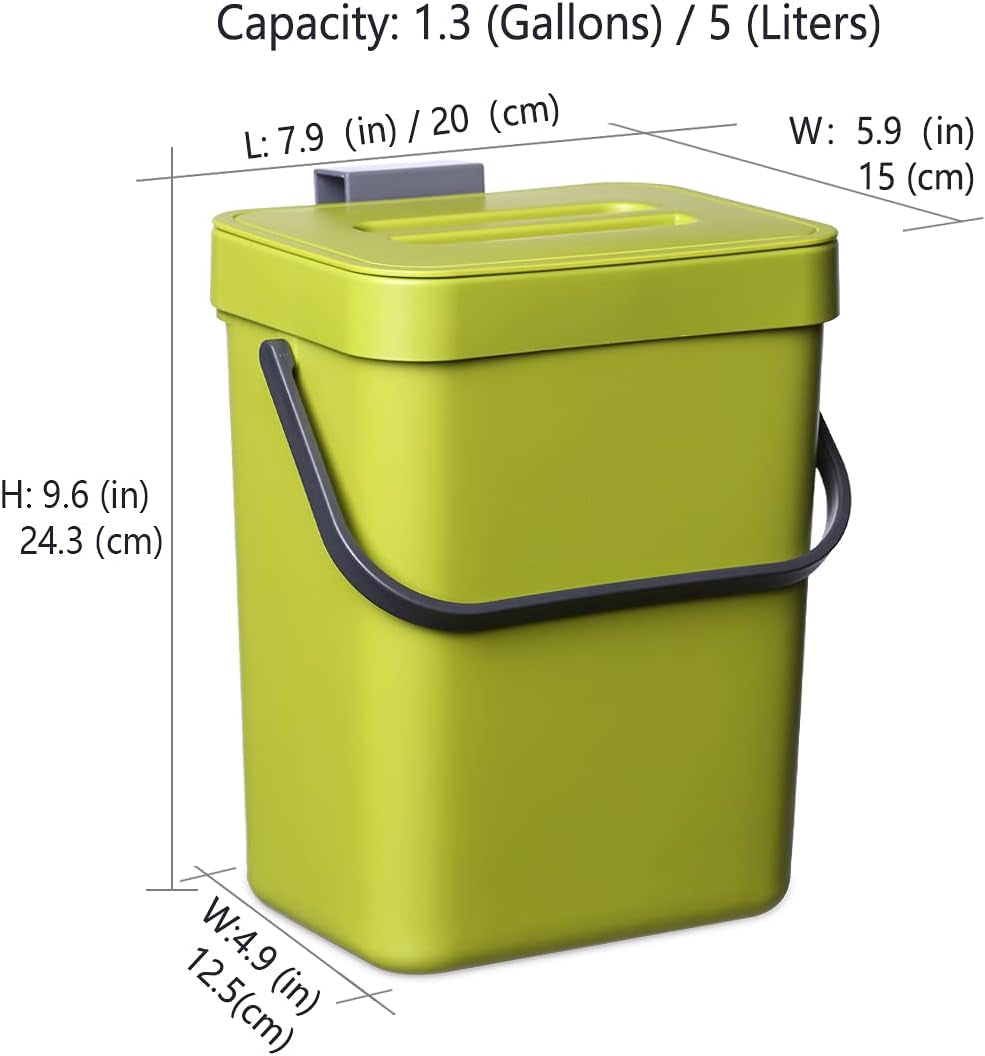 1.3 Gallon Kitchen Compost Bin: Designed for Countertop or Under Sink Use, with a Lid, Suitable for Hanging in Cupboards, Bathrooms, Camping, and Mounting Indoors - Green