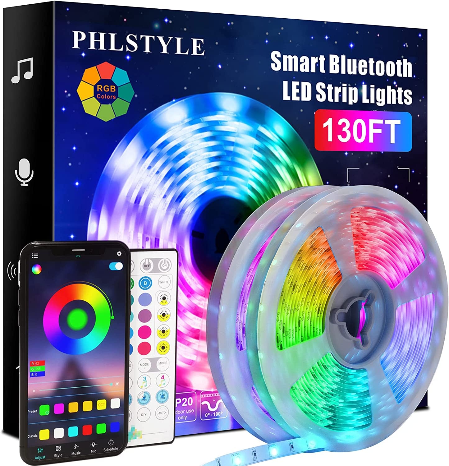 Music Sync LED Lights Strip for Bedroom: 130Ft/40M App Controlled Bluetooth LED Lights Rope, 16 Million Color Changing, Remote Control, Sensitive Built-In Mic, 5050 RGB LED Light Strips