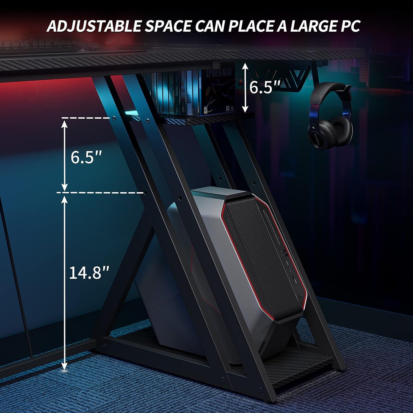 L-Shaped Gaming Desk - 47 inch - LED Lights & Power Outlets Included - Carbon Fiber Surface - Storage Shelves - Monitor Shelf - Ideal for Gaming Setup and PC Use - Color: Black.