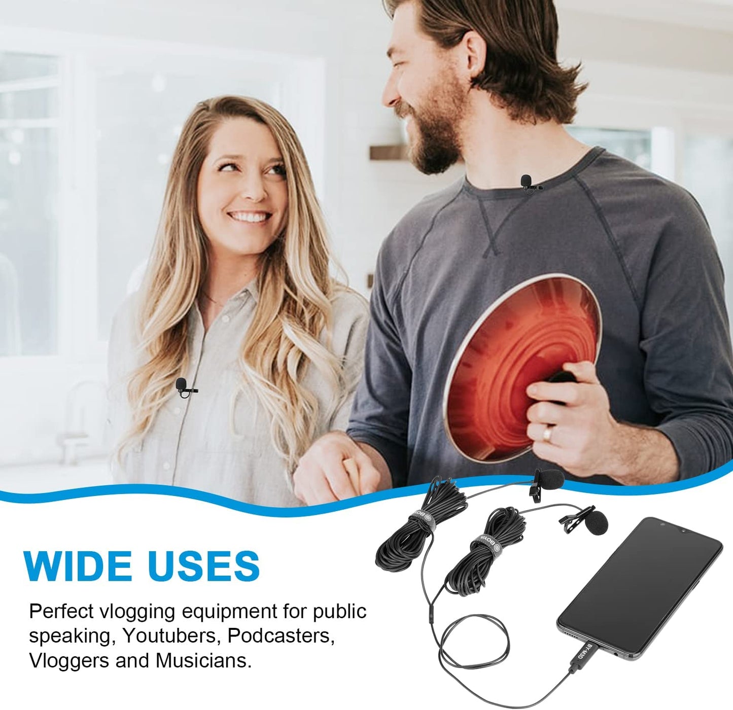 Dual Lavalier Omnidirectional Clip-On Microphone with Type-C Connector - Compatible with iPad Pro, Samsung Galaxy, Huawei, and Other USB-C Type Smartphones.