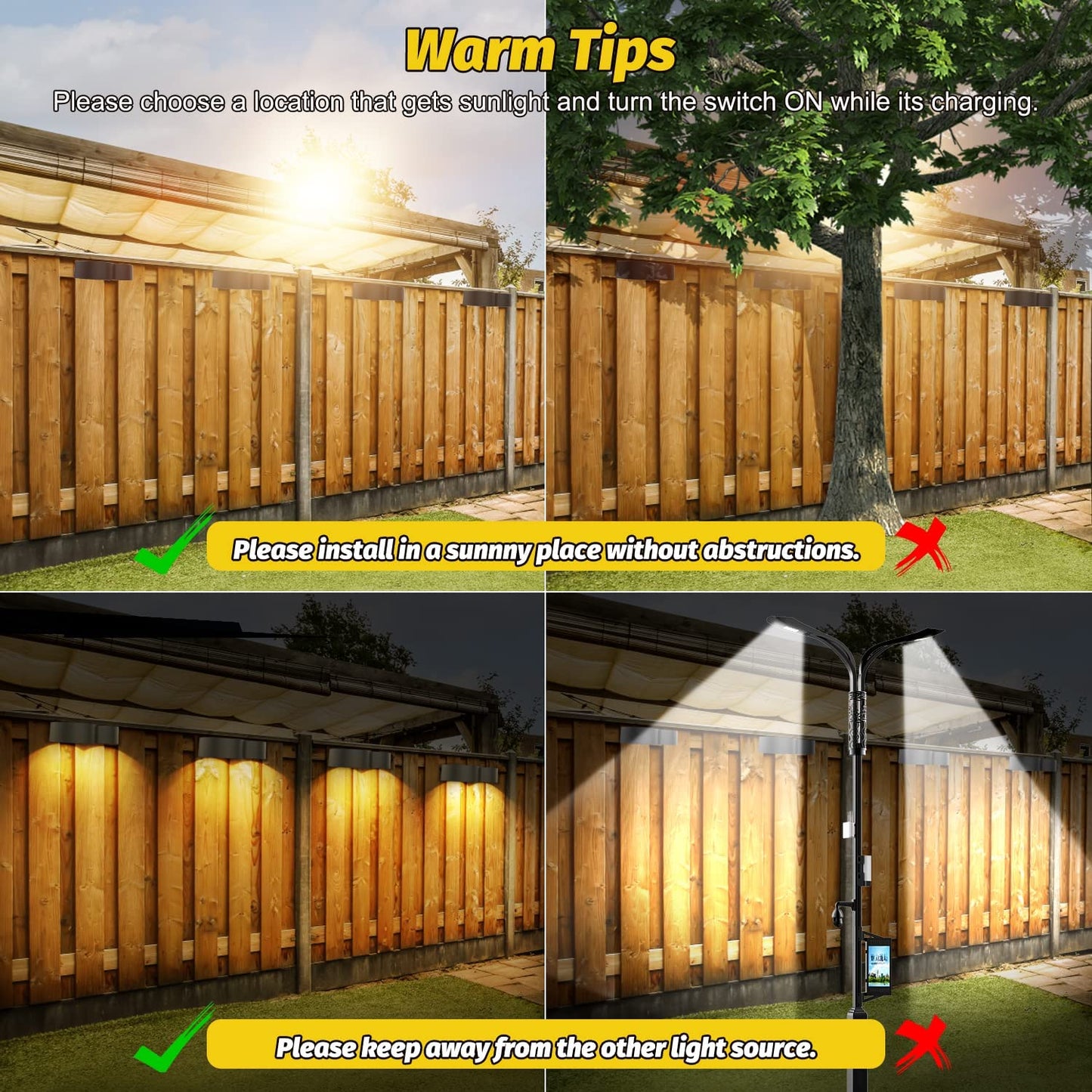 8-Pack Solar Lights - Outdoor Waterproof Warm White & RGB Solar Fence Lights for Fence, Deck, Backyard, Wall, and Steps