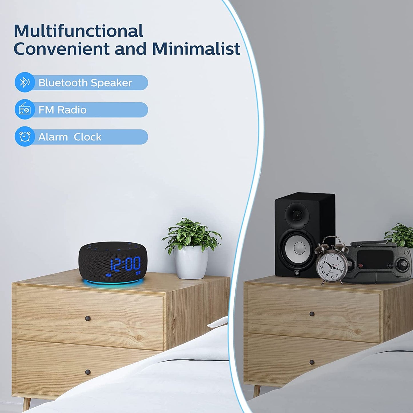 Bluetooth Speaker Alarm Clock with FM Radio - Hi-Fi Sound, Dimmable Display, Wall-Powered Alarm Clock Radio for Bedroom