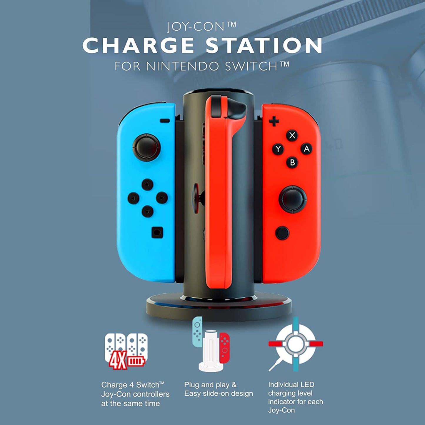 Joycon Charging Dock for Nintendo Switch Controllers - 4 in 1 Switch Charger with Micro-USB Charging Cord - Compatible with Switch Joycon - Essential Switch Accessories