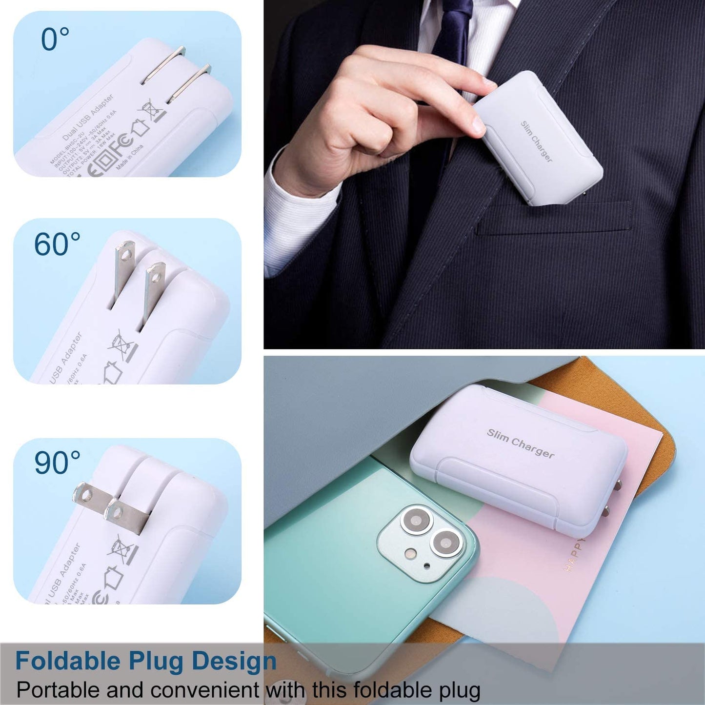 Dual Port USB Wall Charger with Foldable Plug - Slim, Portable Travel Adapter for iPhone, Samsung Galaxy, Nokia, Moto, Pixel, and More - White