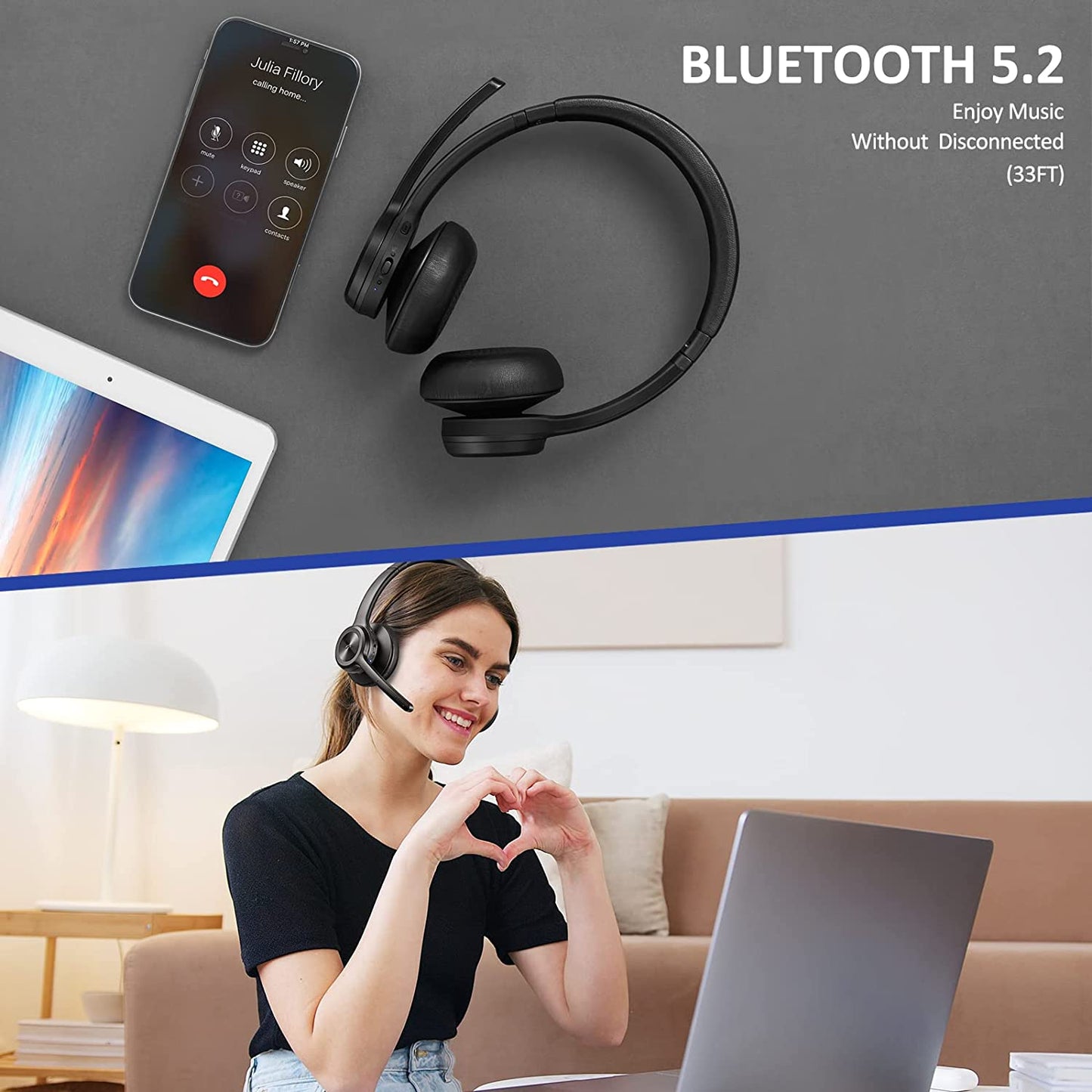 Wireless Headset V5.2 Bluetooth Headphones with Noise Cancelling Microphone, On-Ear Wireless Headset for Cell Phones, Laptop, Computer