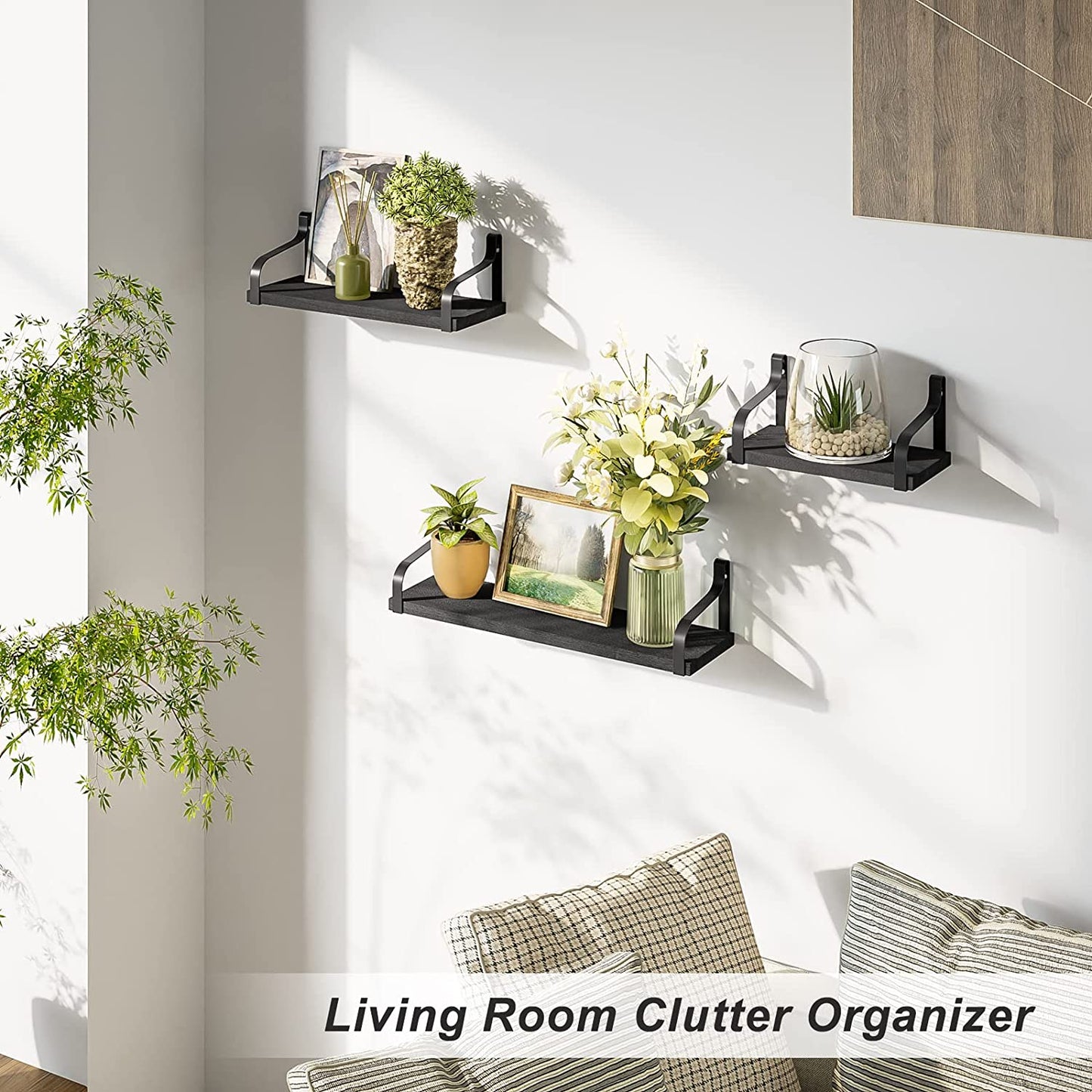 Set of 3 Floating Shelves - Wall Mounted - Rustic Wood Design - Suitable for Bedroom, Living Room, Bathroom, and Kitchen - Color: Black - Adds Stylish Wall Storage.