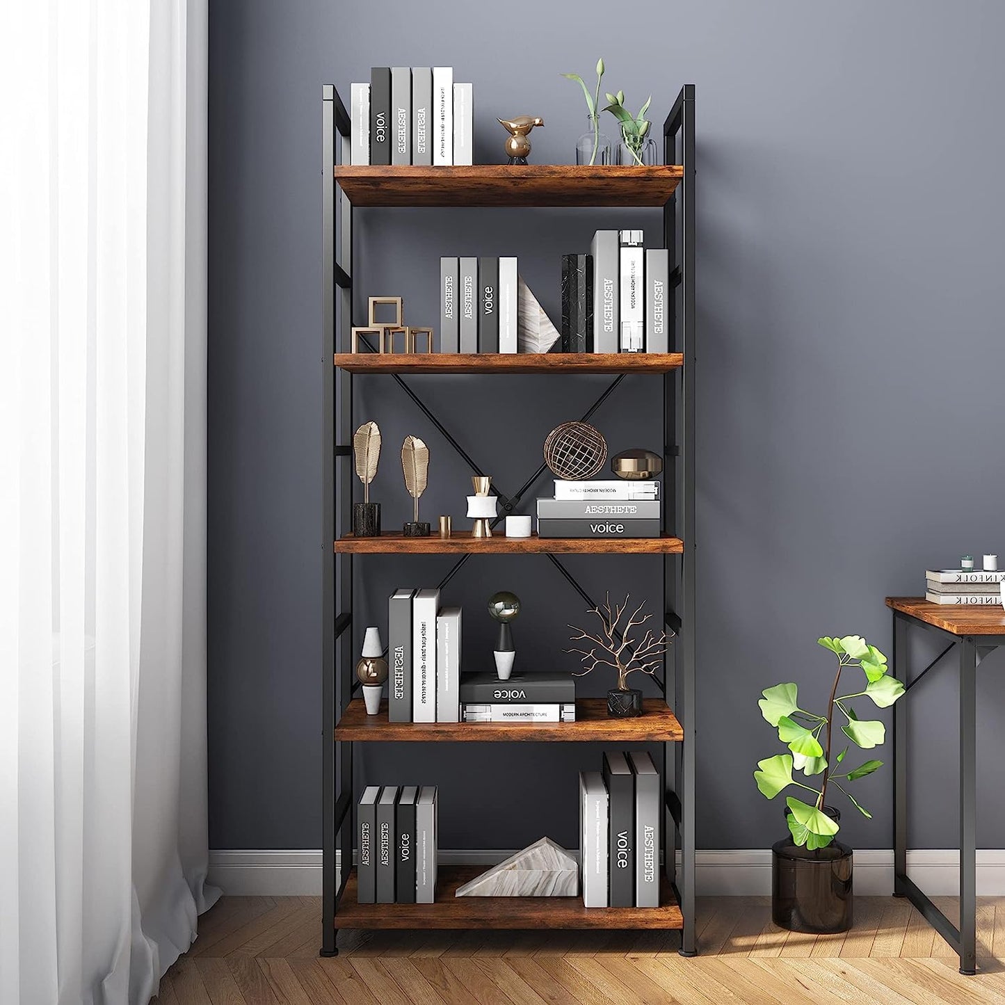 Rustic 5-Tier Industrial Bookshelf - 24x11.8x63 inches, Wood and Metal, Open Shelves, Living Room, Bedroom.