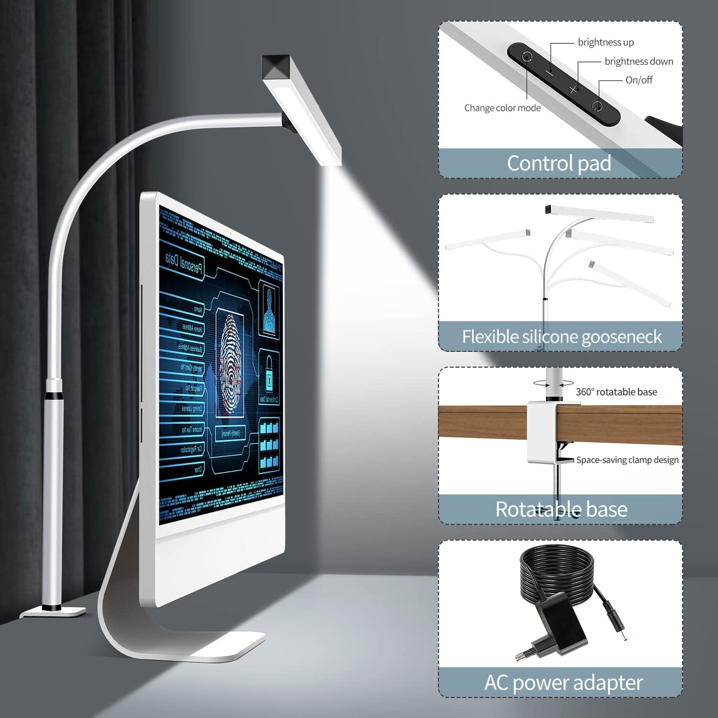White Modern LED Desk Lamp: Eye-Caring Desk Light with Clamp, Ideal for Home Office and Studio Monitor. The Architect Desk Lamp features 360° Rotation Gooseneck, AC Adapter, 5 Color Modes, and Stepless Dimming