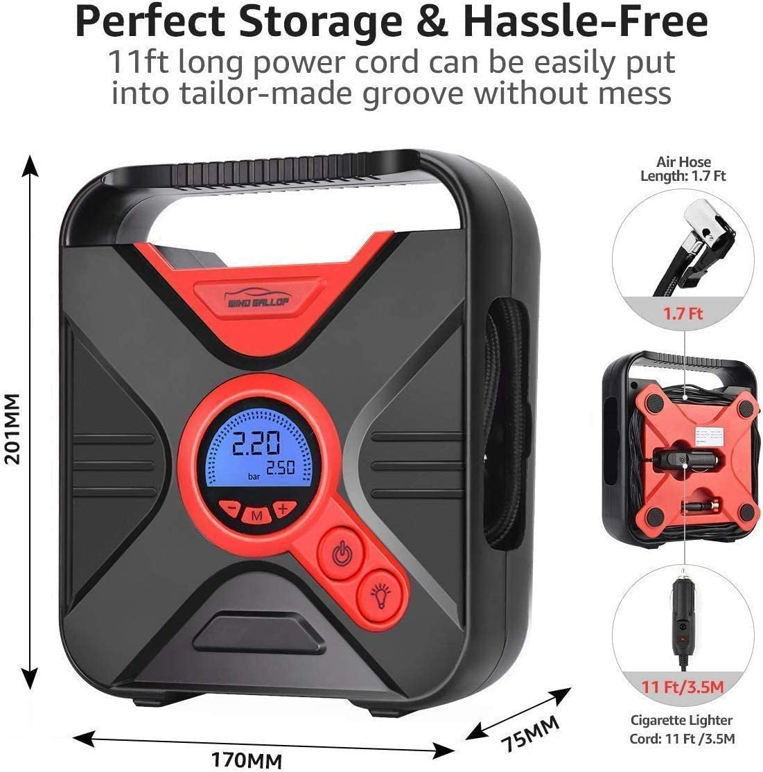 Portable Digital Car Tire Inflator - 12V Air Compressor for Car Tires with Pressure Gauge, LED Light, and Valve Adaptors - Suitable for Bike, Automobile, Basketball, and Pool Toys - Red