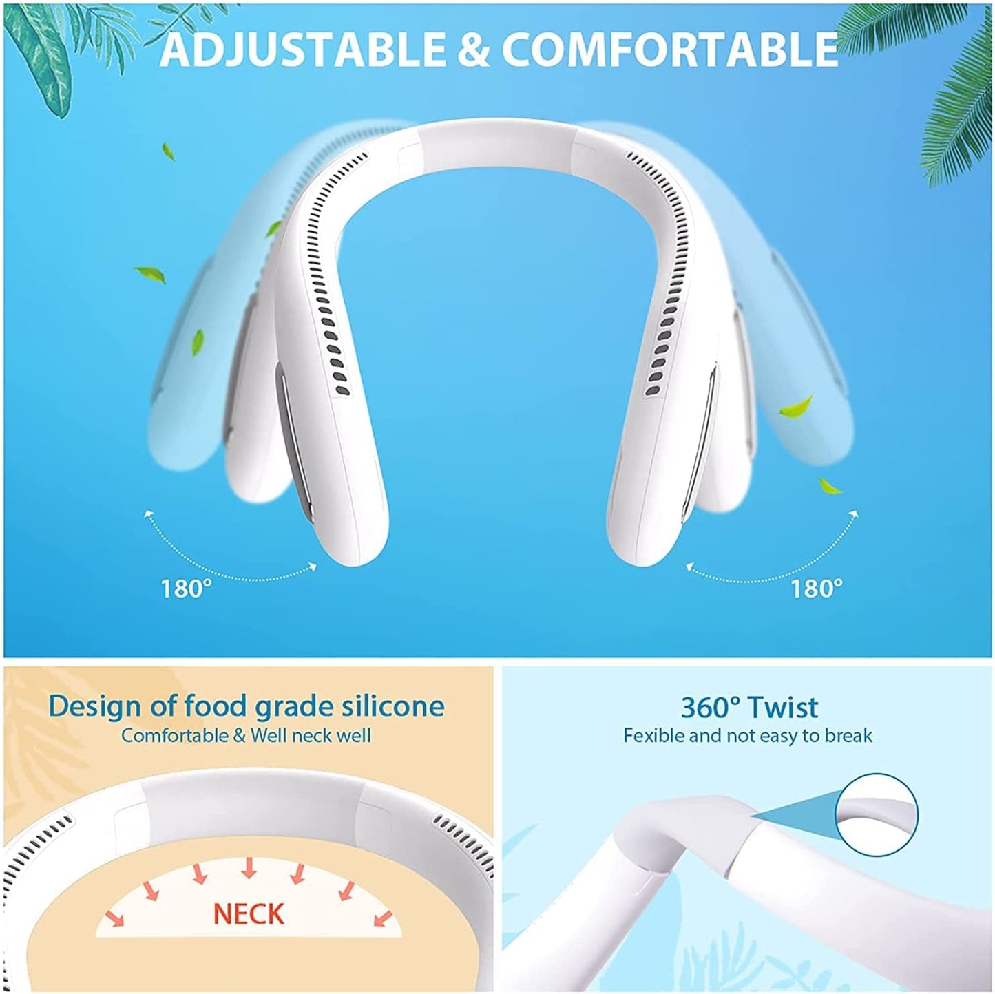 Portable Neck Fan: Rechargeable Hands-Free Bladeless Personal Mini Fan with 3 Speeds, 70 Air Outlet, and Adjustable Wearable Design for Traveling, Sports, and Office - White