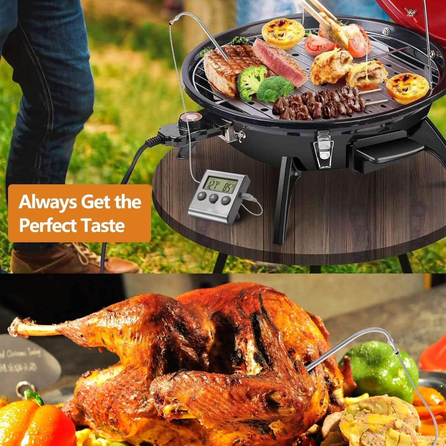 Stainless Steel Digital Cooking Thermometer with Probe and Timer - Large LCD Display - Instant Read Grill/Roasting Thermometer for Smoker, Outdoor Oven, Kitchen, BBQ, and Turkey - Silver Finish