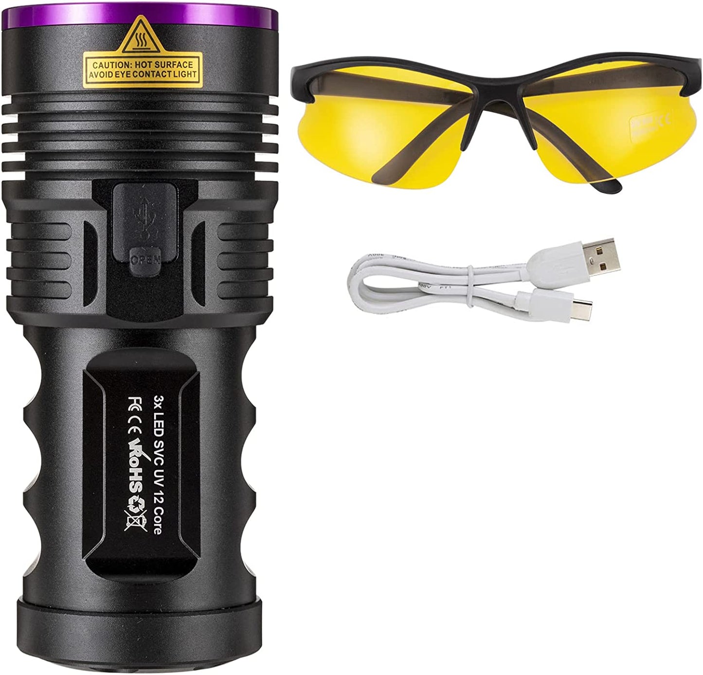 36W 365nm USB Rechargeable Ultraviolet Blacklight Torch with UV Protective Glasses and 4xBattery Included - Ideal for Resin Curing, Fishing, Scorpion Detection and Pet Urine Detection