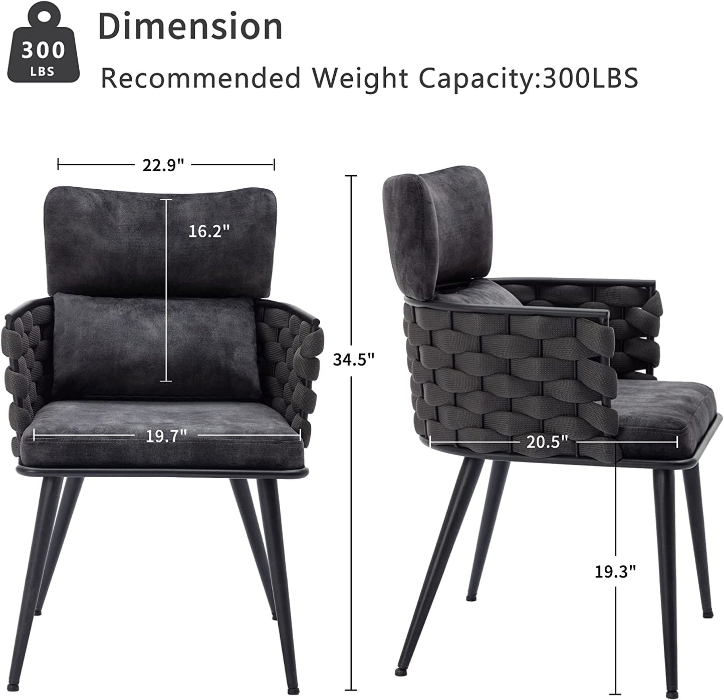 Set of 2 Mid-Century Modern Dining Velvet Chairs - Handmade Woven Kitchen Chairs, with Metal Legs for Kitchen, Dining Room, Living Room