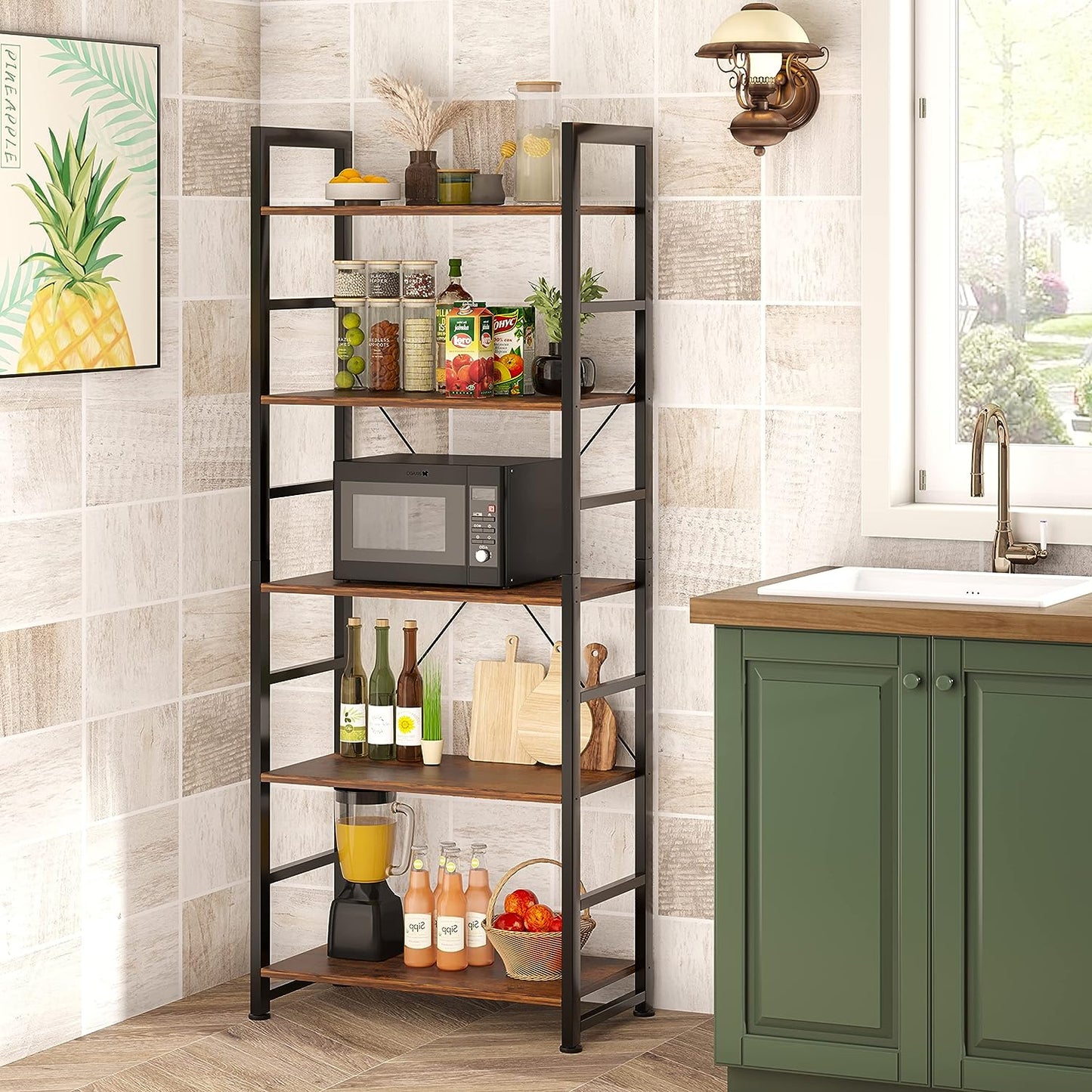 Rustic 5-Tier Industrial Bookshelf - 24x11.8x63 inches, Wood and Metal, Open Shelves, Living Room, Bedroom.
