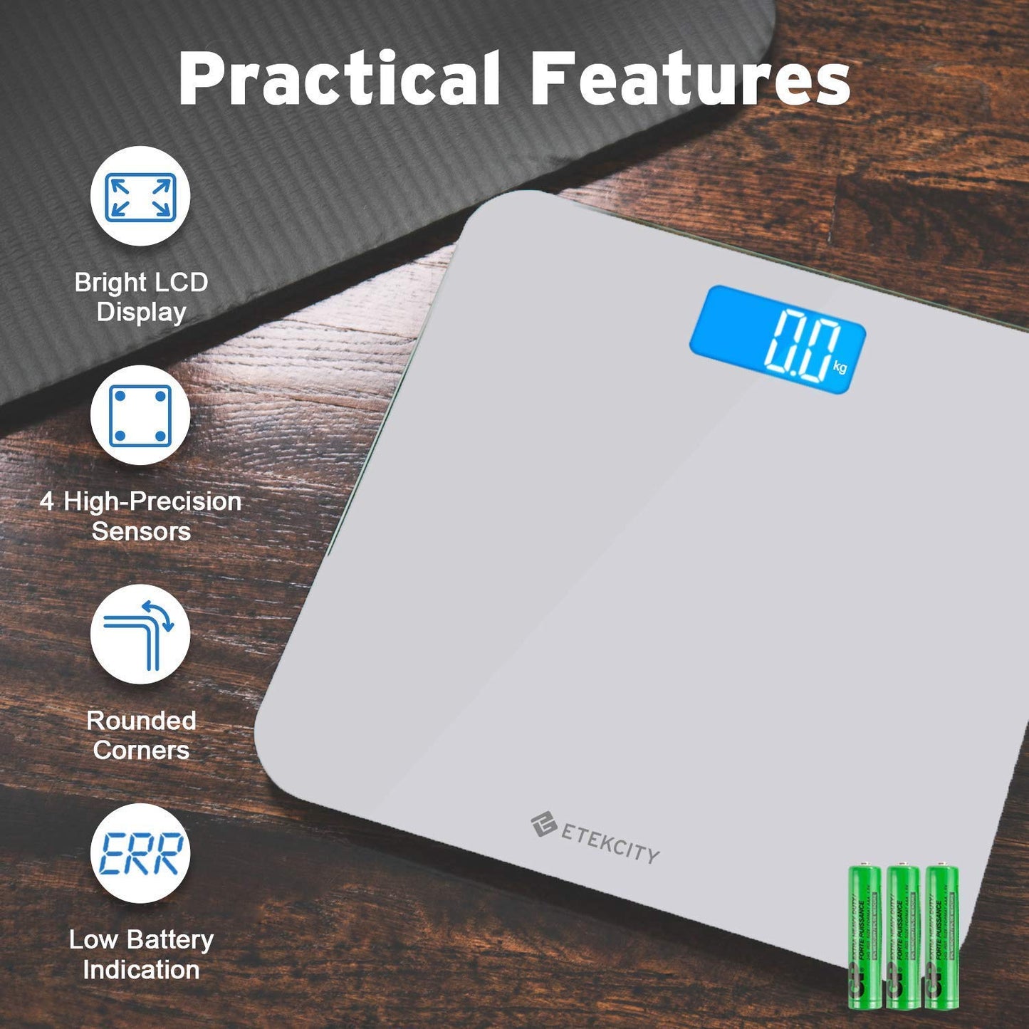 Round Corner Bathroom Body Weight Scale: Digital Scale with Large Backlit Display and High Precision Measurements. Supports up to 400 lb/180 kg.