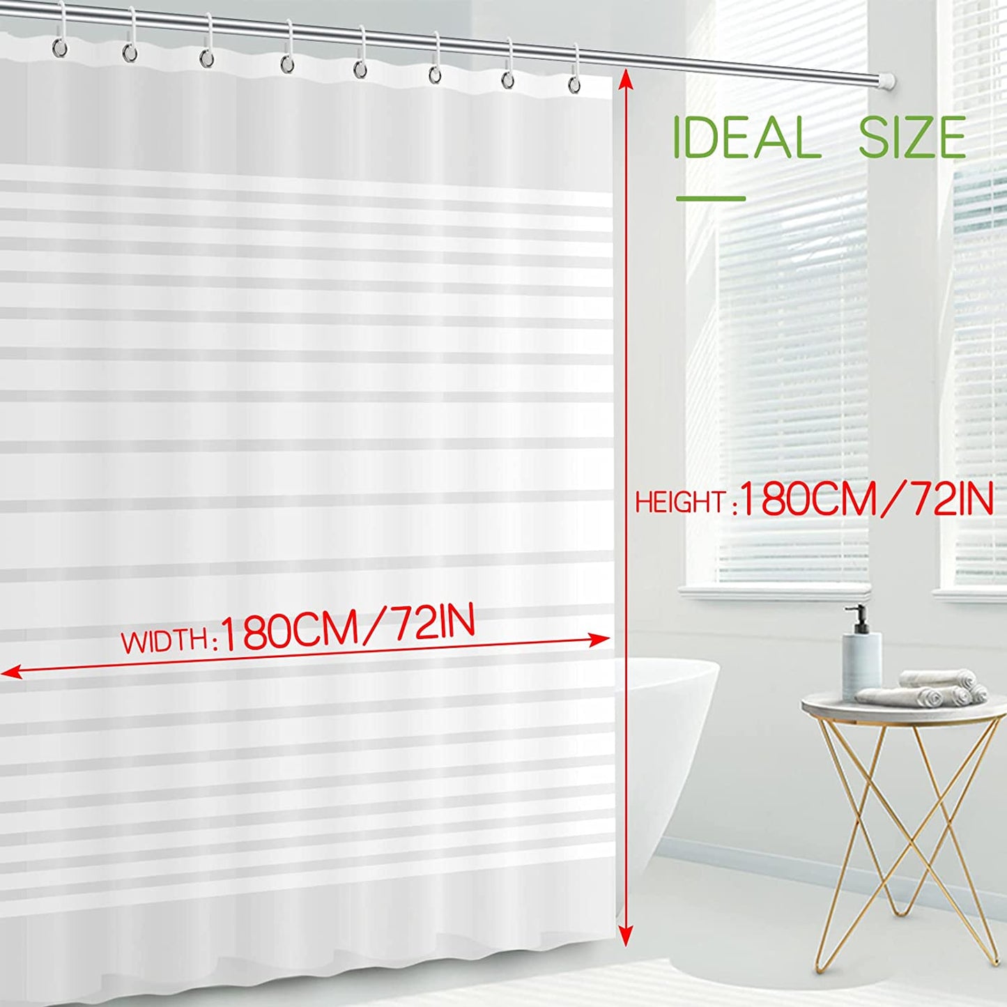 Mildew Resistant Shower Curtain Liner - Measures 72 x 72 Inch - Made of Heavy Duty Waterproof PEVA Material - Features Rust-Resistant Metal Grommets - Comes with 12 Plastic Hooks - Stripe Design - Ideal for Thick Bathroom Shower Curtain Liner.