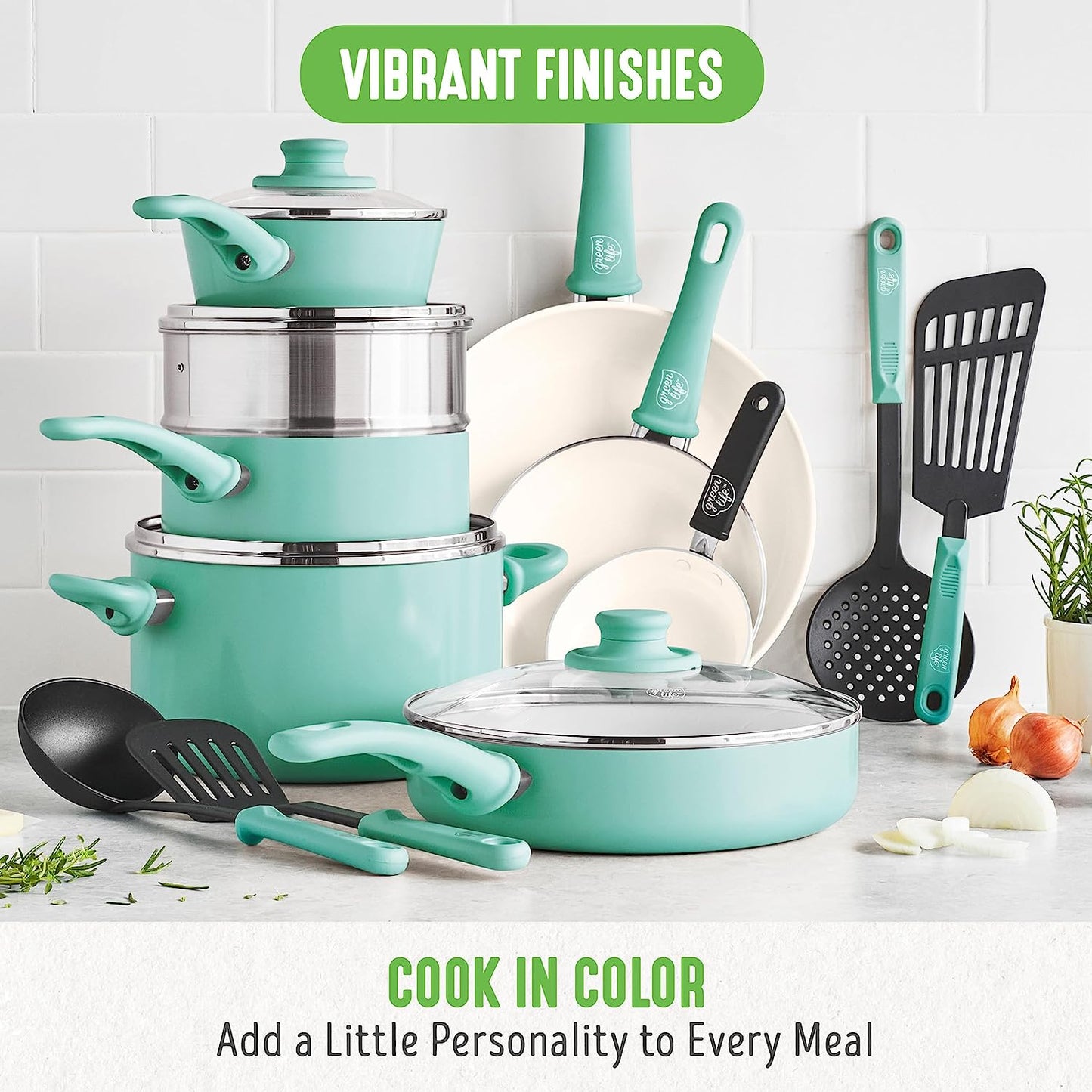 Soft Grip Ceramic Nonstick Cookware Set, 16-Piece, PFAS-Free, Dishwasher Safe, Turquoise