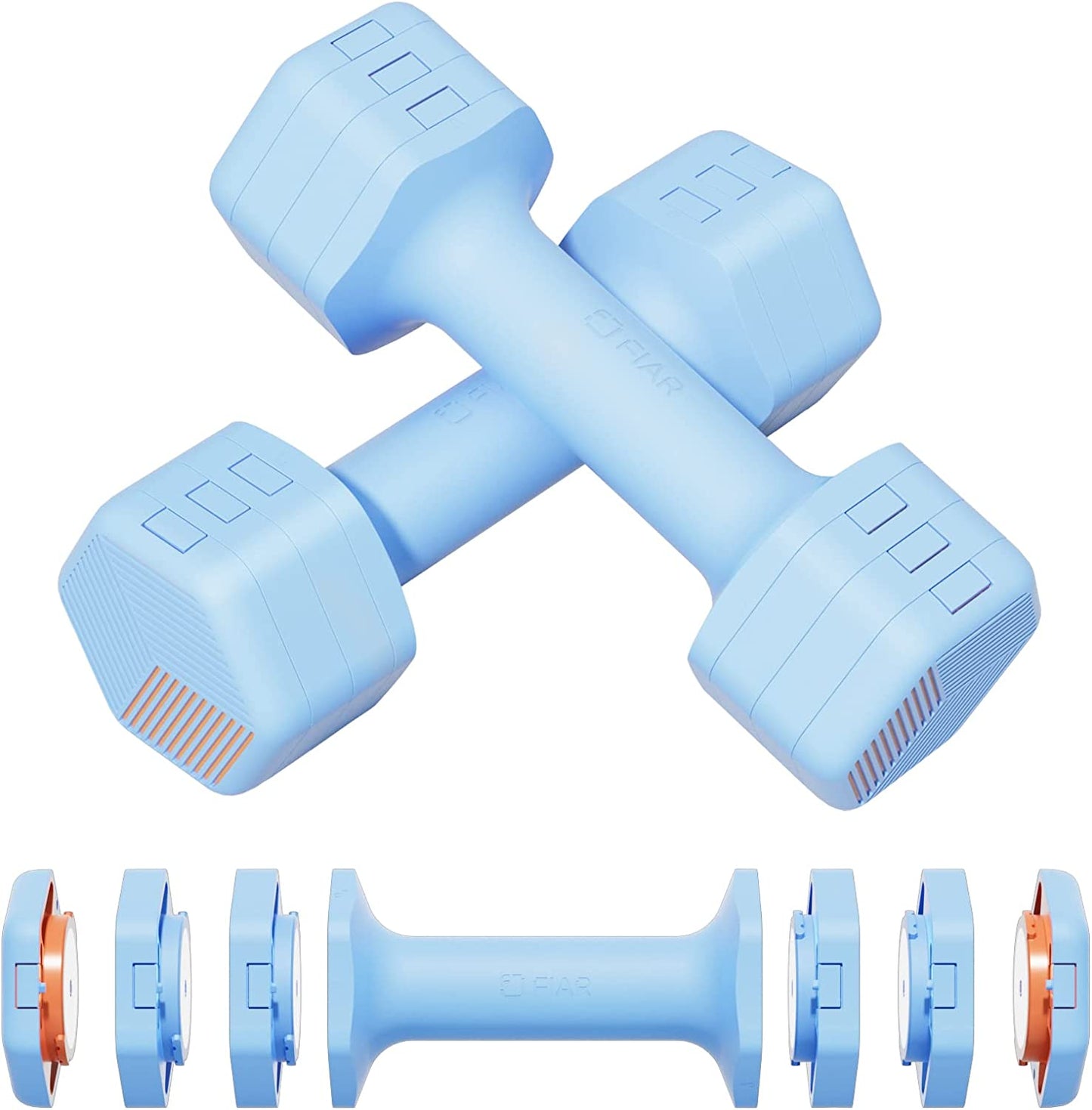 Adjustable Weight Dumbbells Set - This set includes one pair of dumbbells with weights ranging from 4lb to 10lb (2-5lb each). They are free weights suitable for home gym use and strength training for women, men, seniors, and teens.